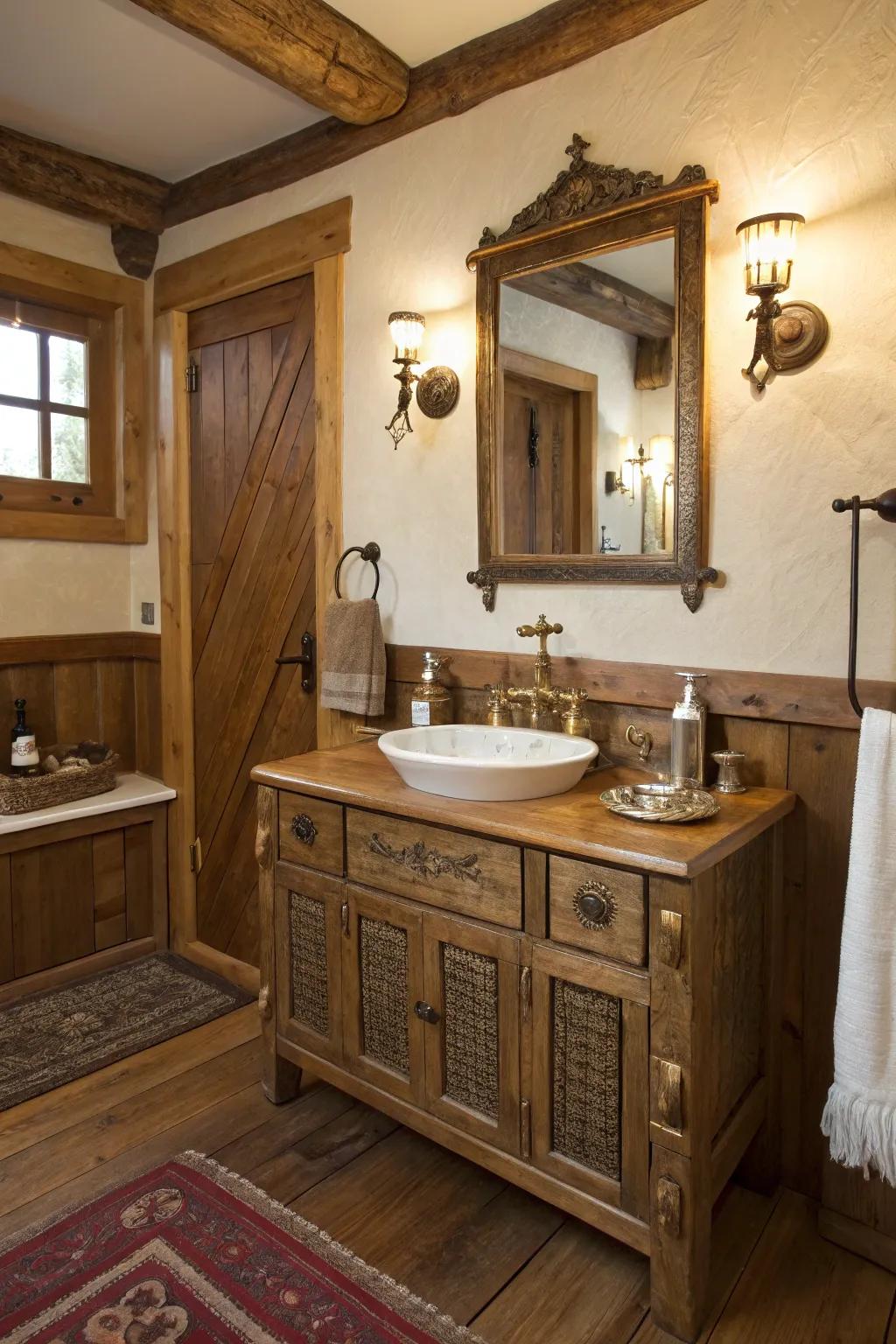 Rustic elements with weathered wood and antique fittings.