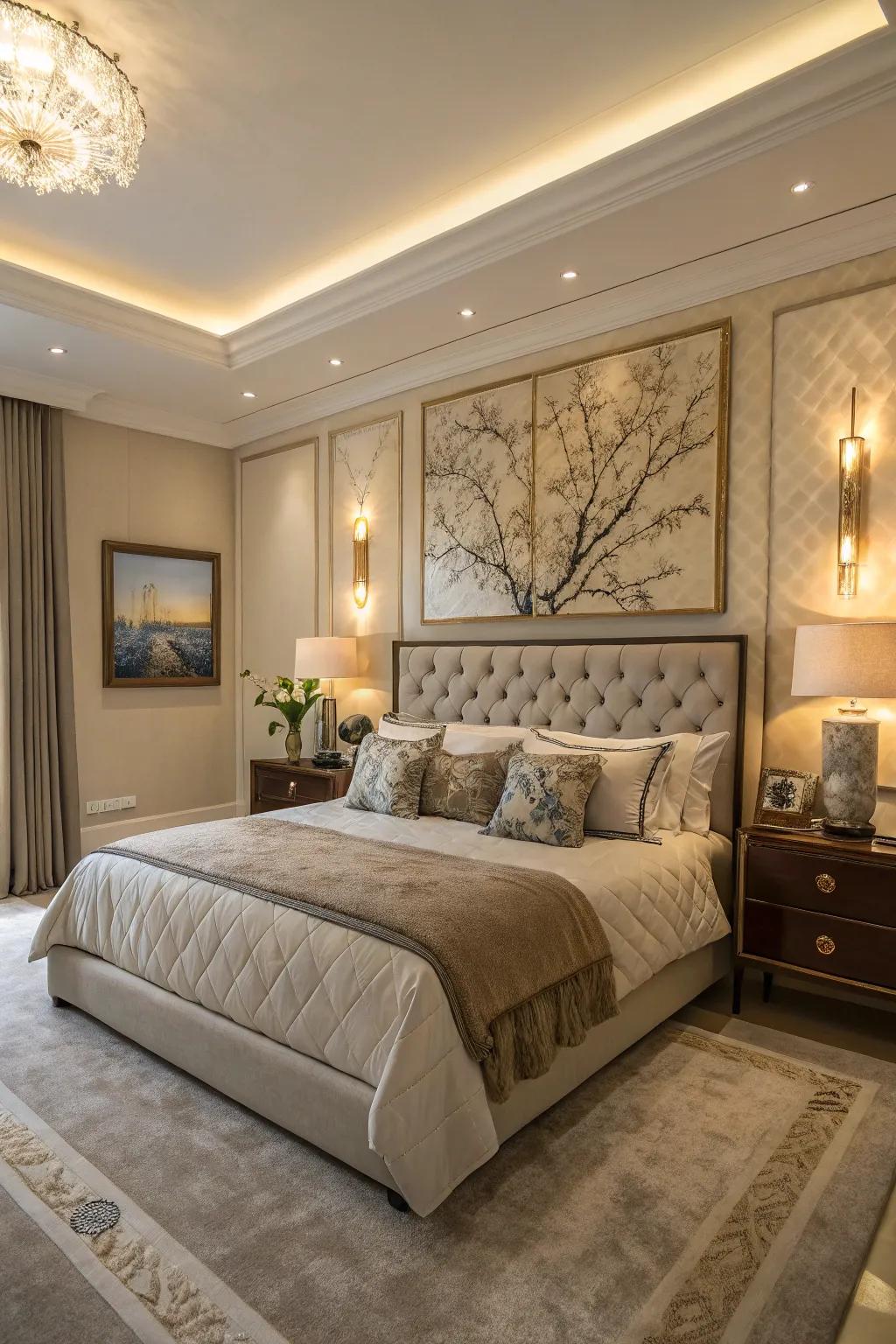 A striking art piece introduces character to the master bedroom.