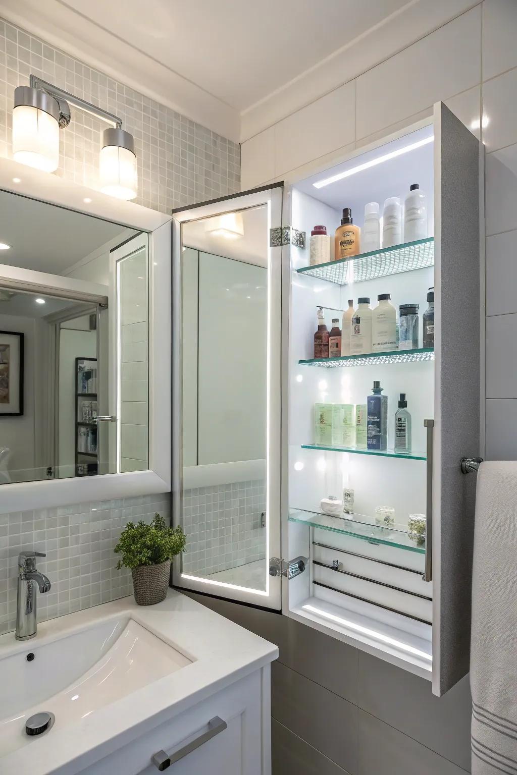 Integrated lighting creates a serene bathroom environment.