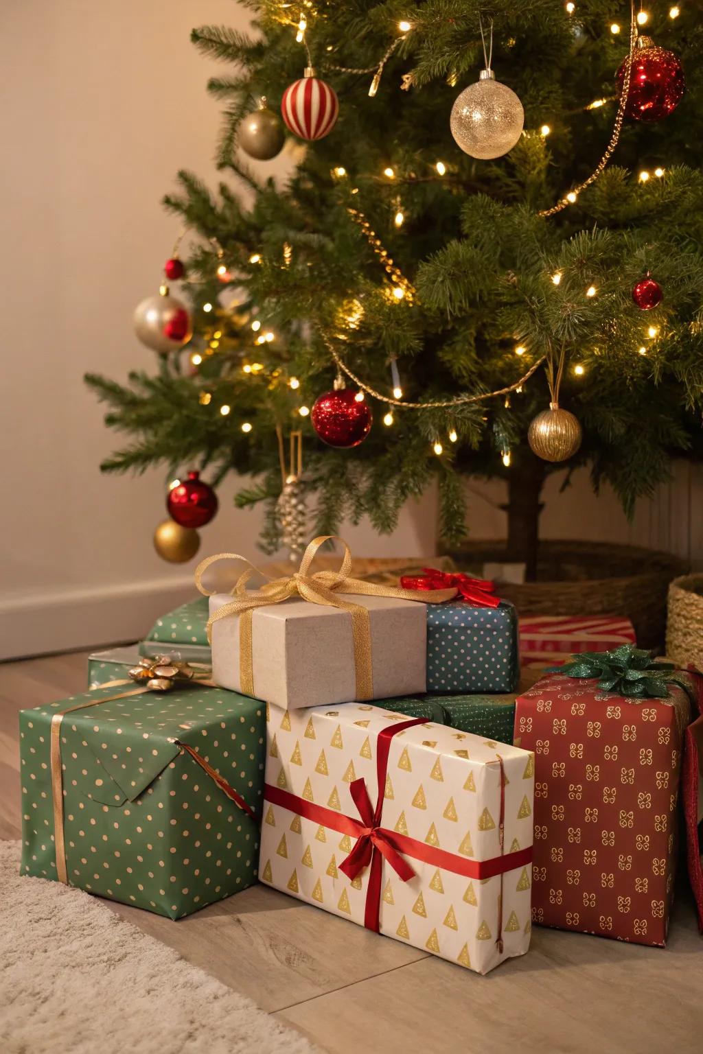 Tidily arranged presents with sparse envelopment beneath a minimalist Christmas tree.