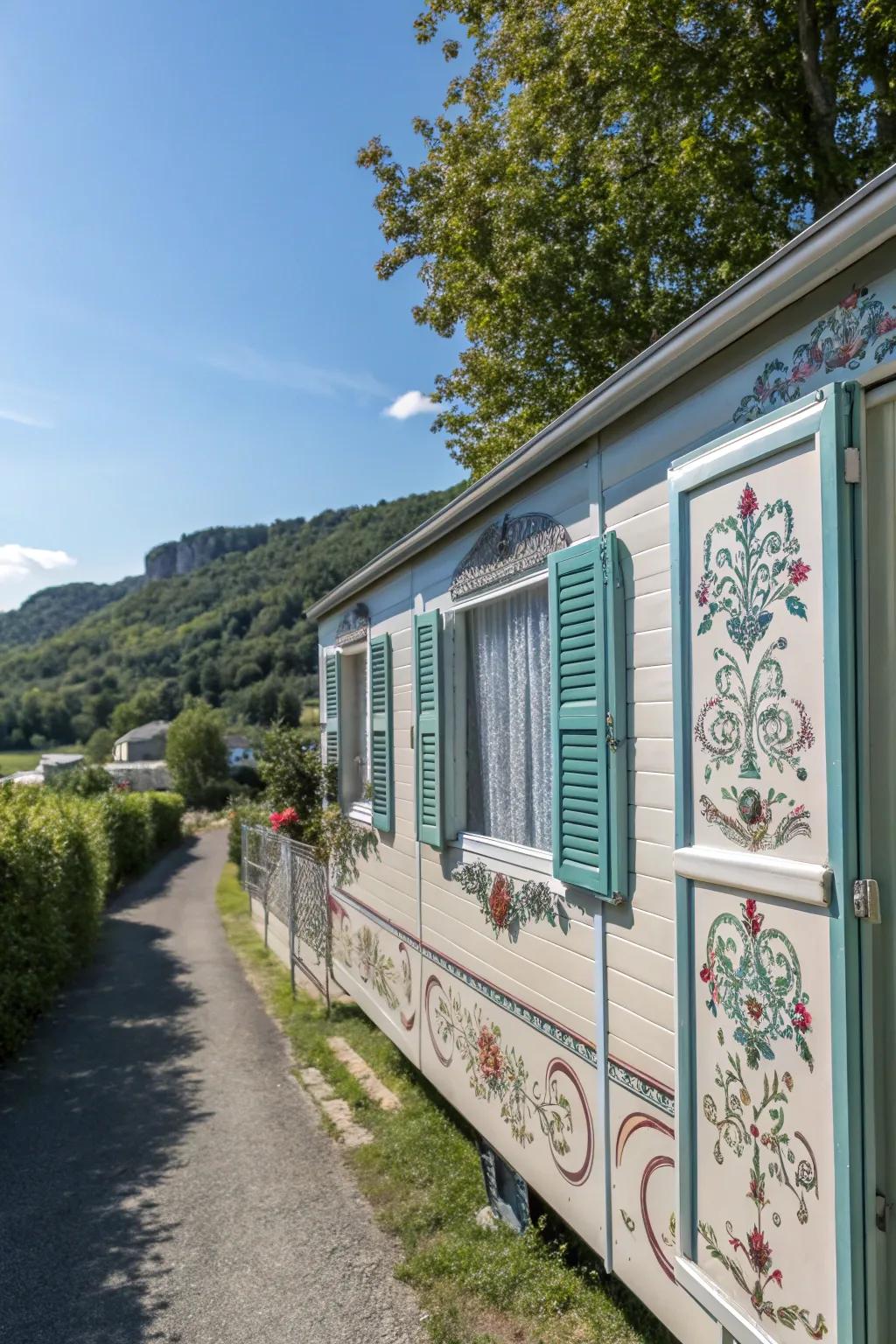 Decorative hardware adding flair to mobile home shutters.