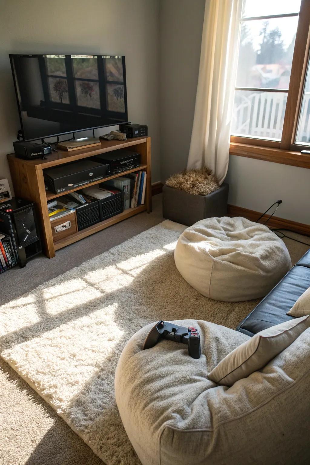 A cozy corner in a gaming bedroom with a plush rug and cushions.