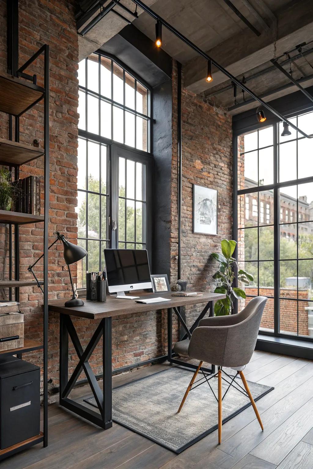 Industrial elements adding an edge to the home office.