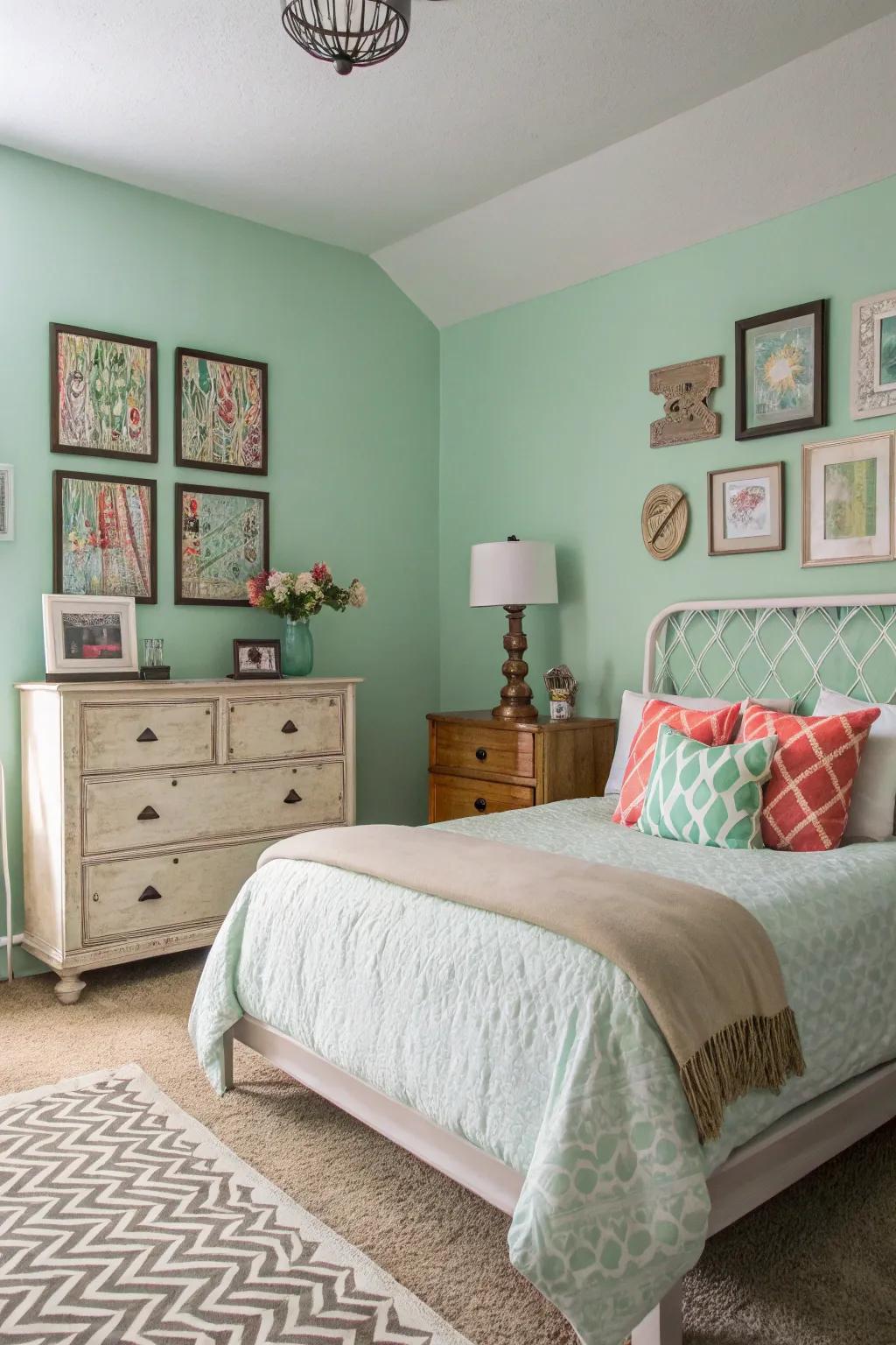 A harmonious merge of vintage and contemporary in a springtime green boudoir.