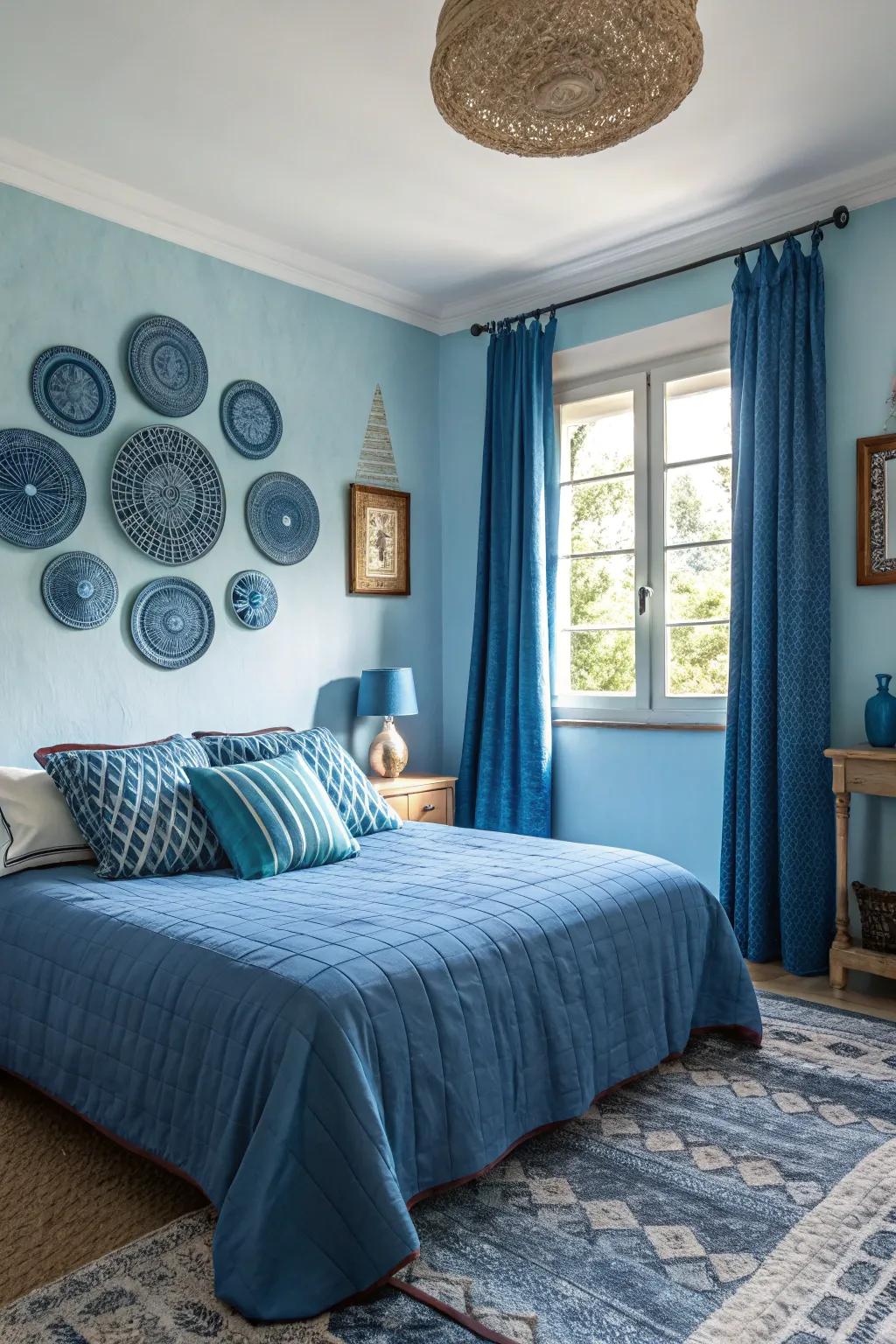 Layering different shades of blue adds depth and interest to the room.