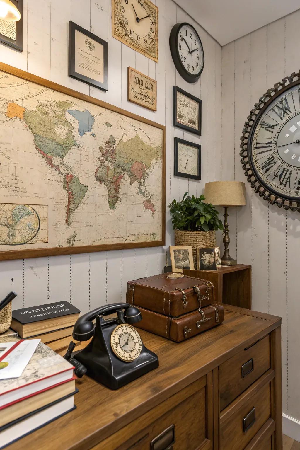 Vintage accessories enhance the nostalgic charm of a rustic office.