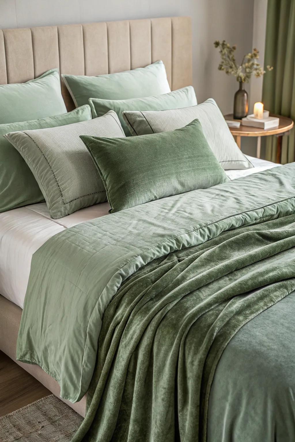 Layered sage green textures enhance the bedroom’s cozy appeal.