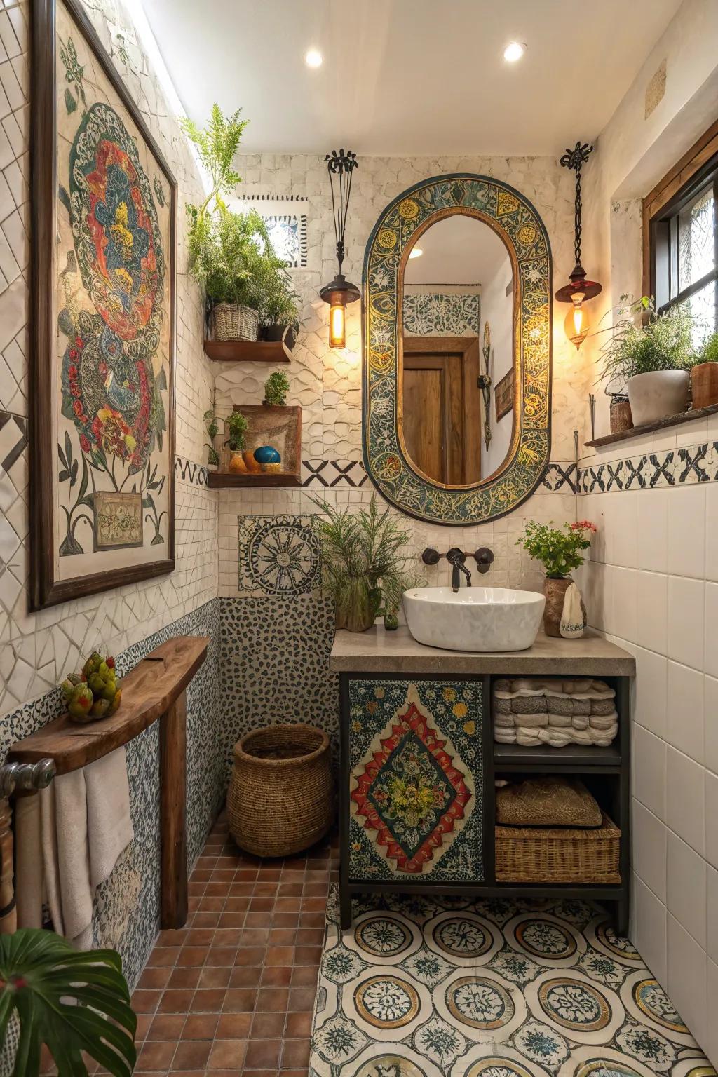 A bathroom showcasing a unique individual mosaic design.