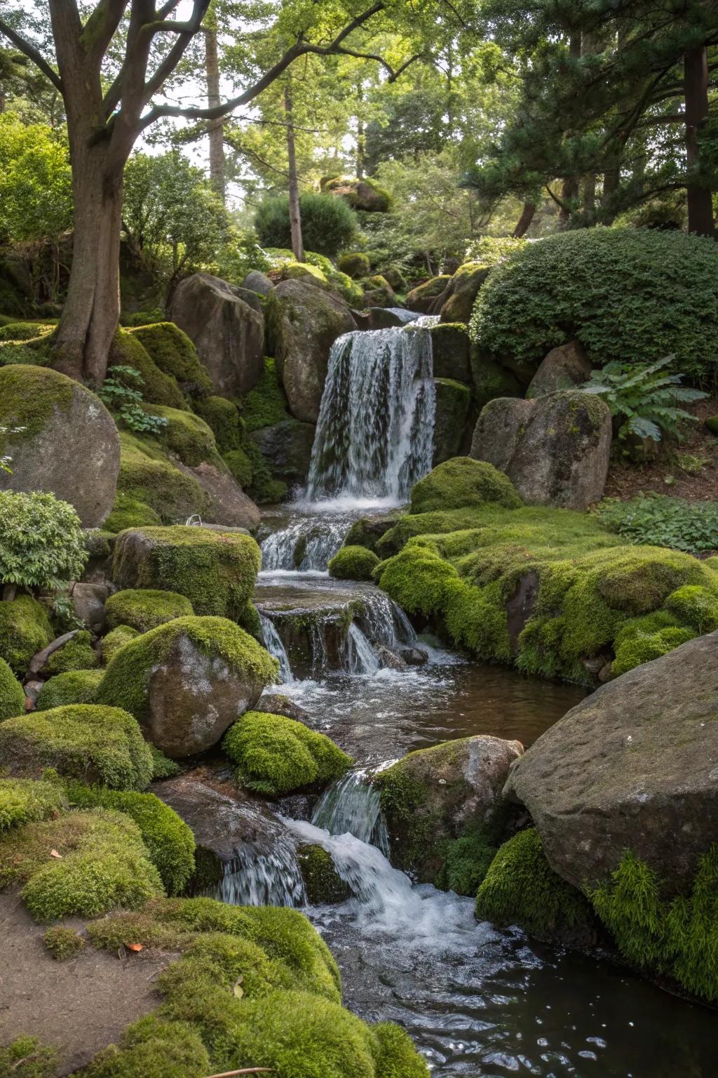 A serene garden cascade flows over lush lichen rocks.