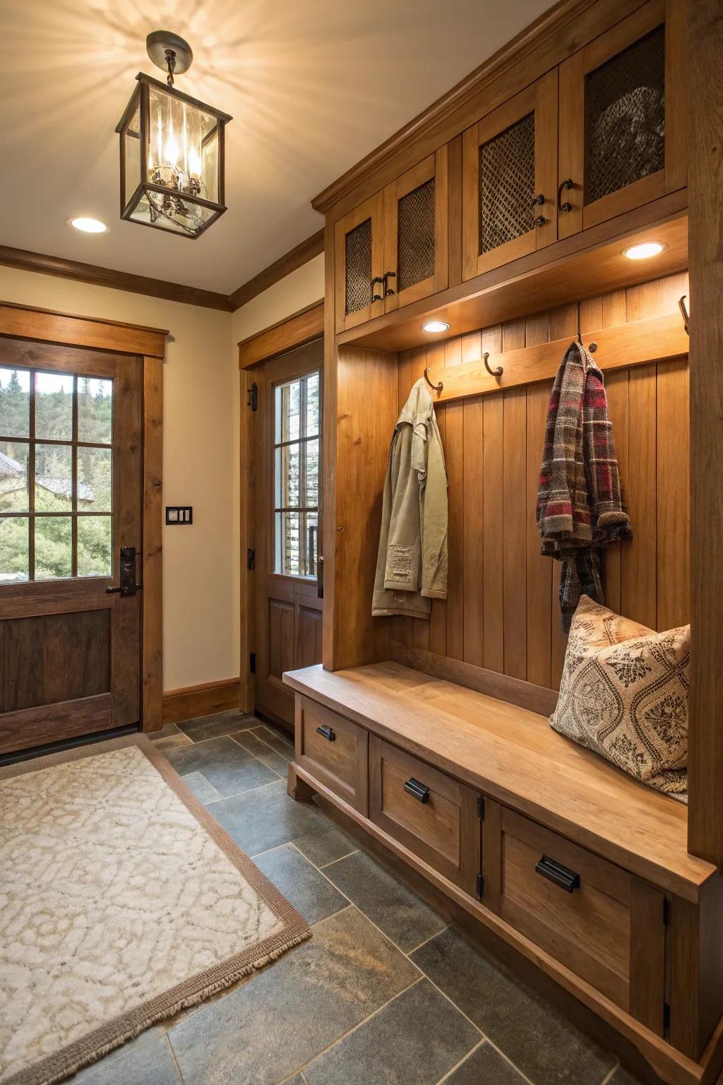 An inviting mudroom bench with warm lighting for added ambiance.