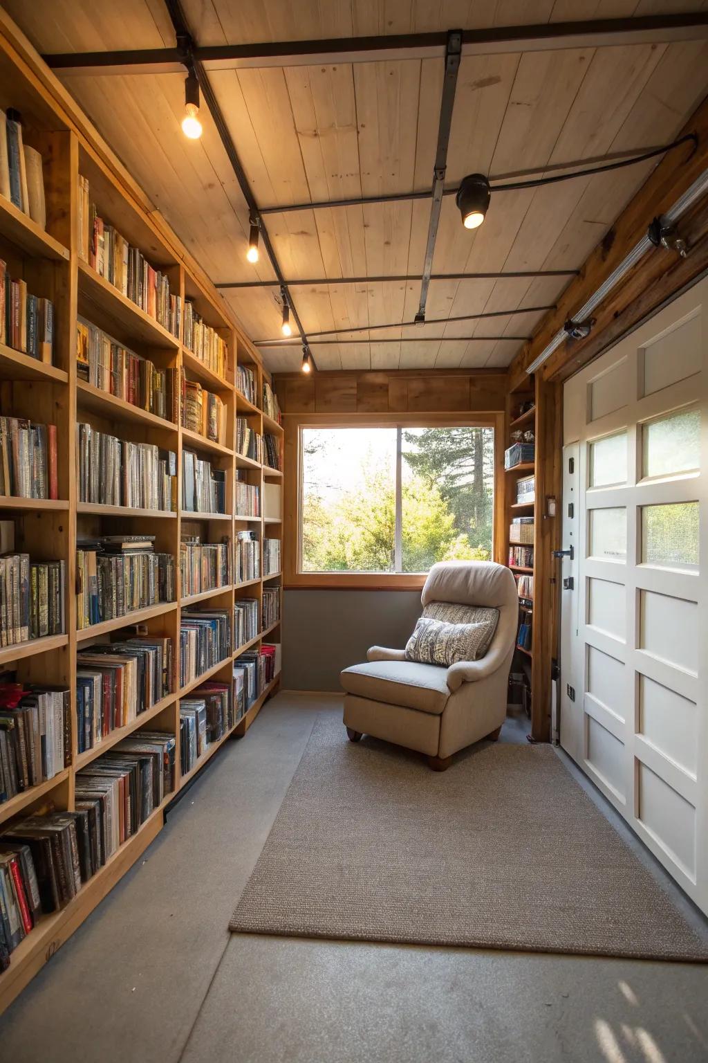 A quiet home library created in a garage.