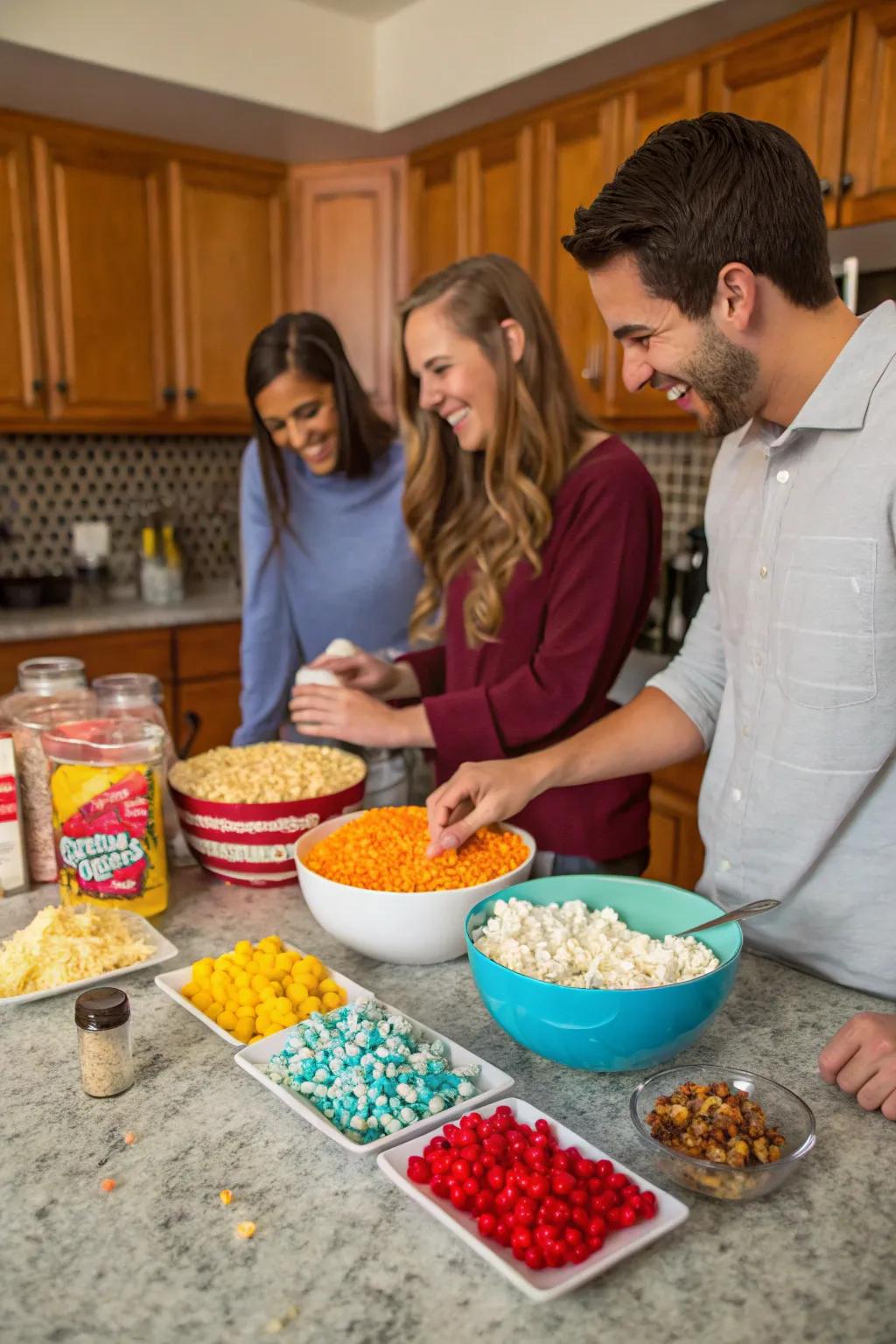 Friends enjoying a flavorful popcorn pop-off challenge.