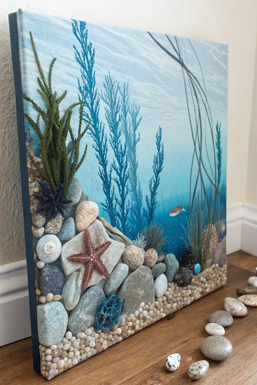 A coastal-inspired collage featuring pebbles and marine flora.