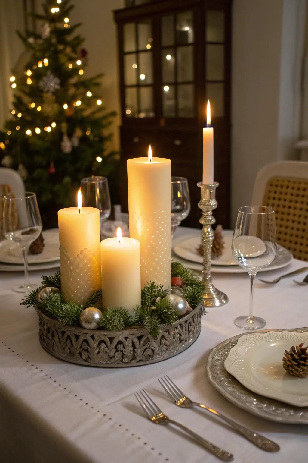 Elegant candle arrangements add depth and sophistication to the decor.