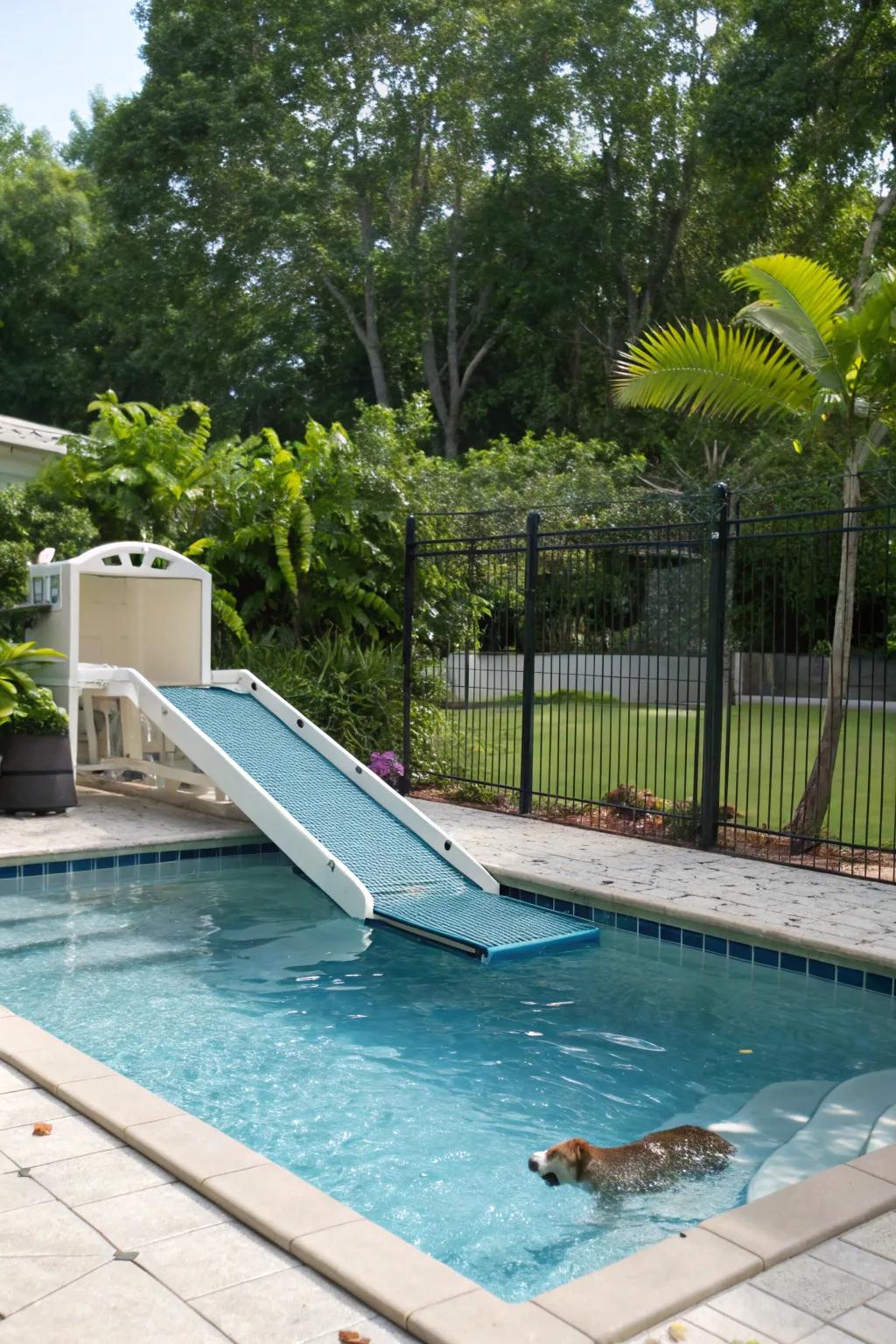 A pet-supportive pool featuring attributes for secure and fun aquatic play.