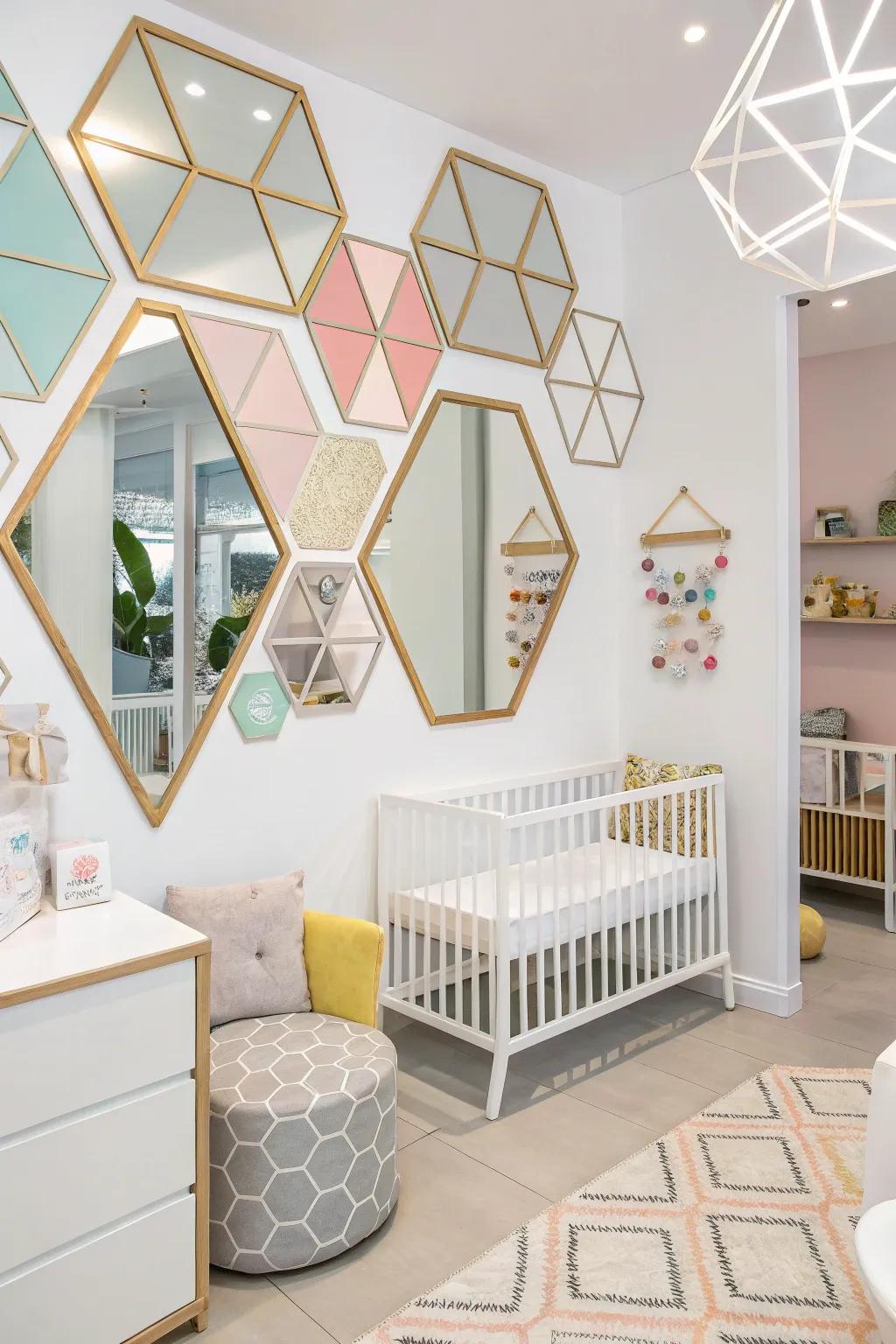 Geometric mirrors bring a bold, modern touch to this nursery.