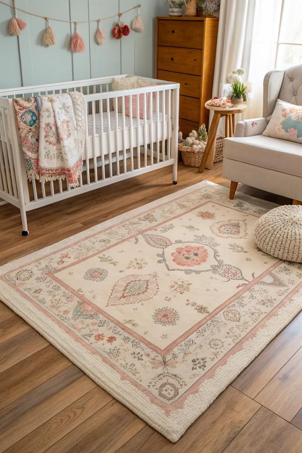 Vintage rugs bring timeless charm to the nursery.