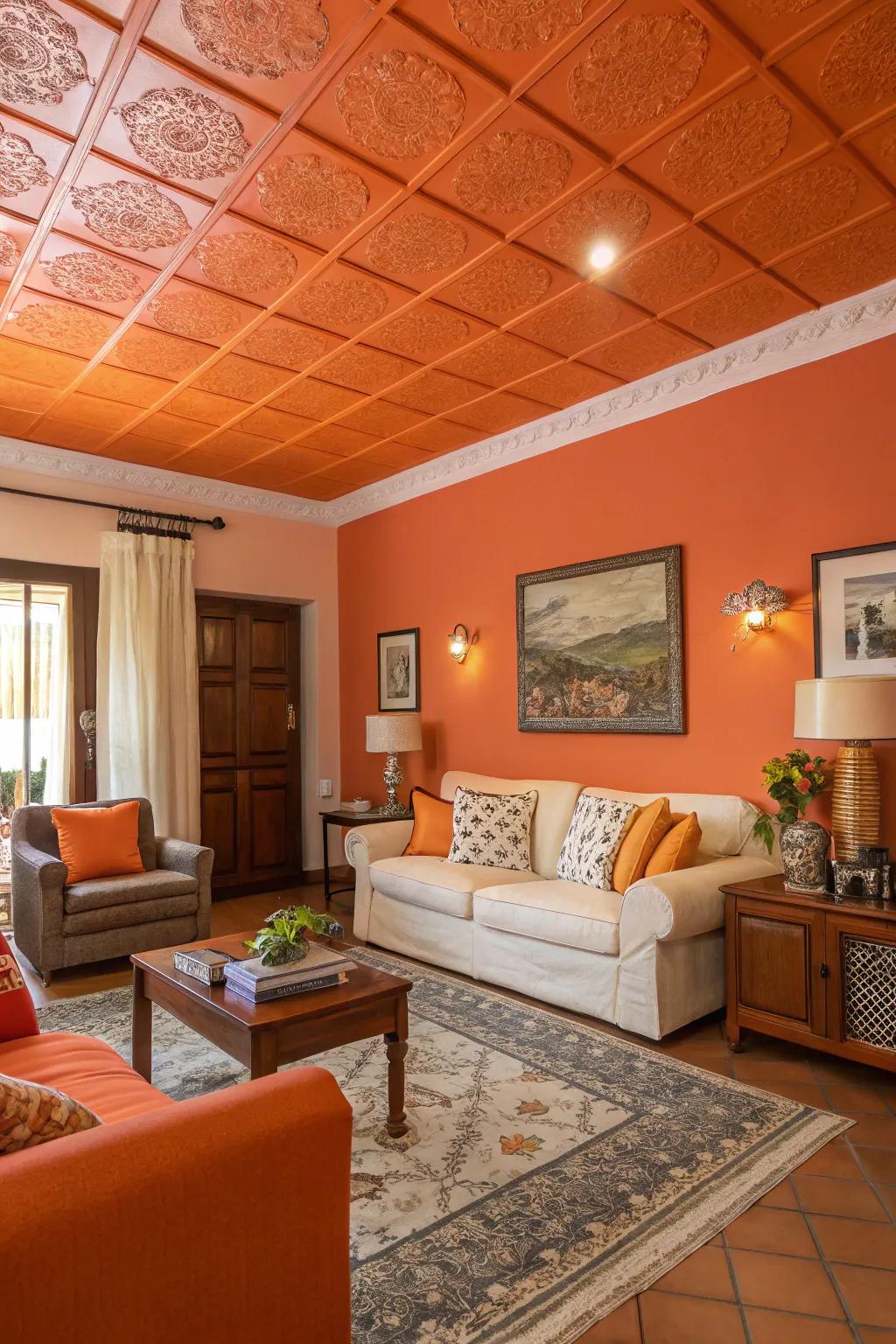 An orange ceiling adds an unexpected and stylish twist to this living room.