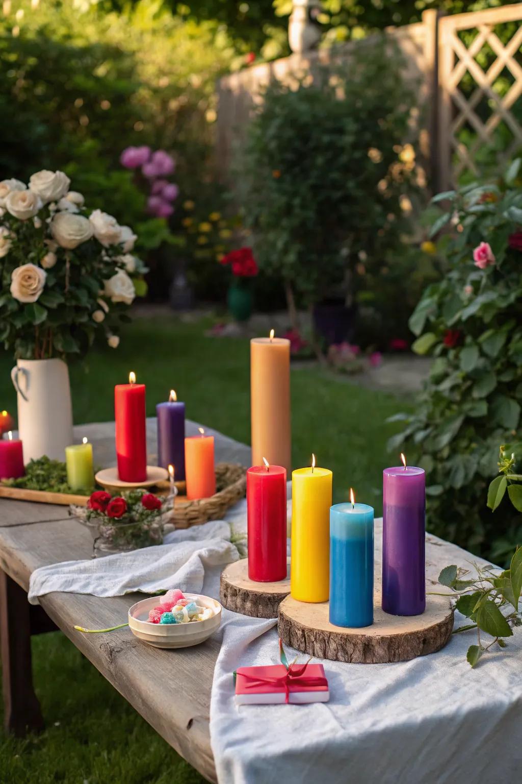 Colorful candles bring a joyful energy to any outdoor event.