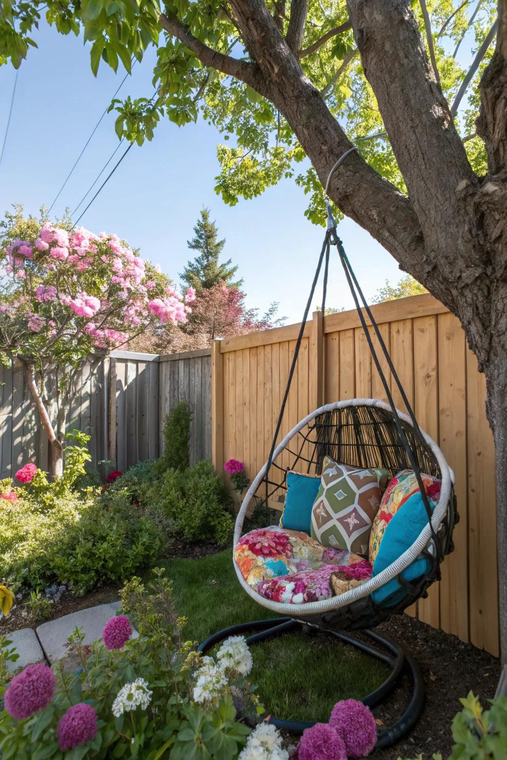 Hanging chairs offer a unique seating experience.