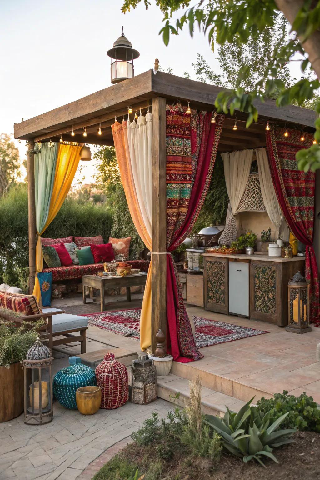 Express your creativity with a bohemian outdoor kitchen gazebo.