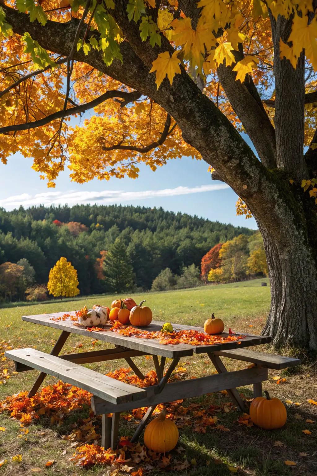 Seasonal decor adds warmth and charm to outdoor dining.