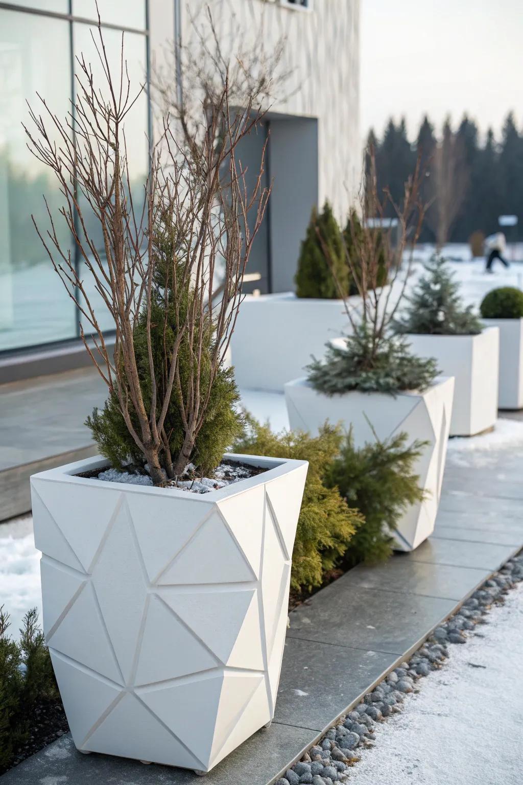 Geometric planters offer a modern take on winter decor.