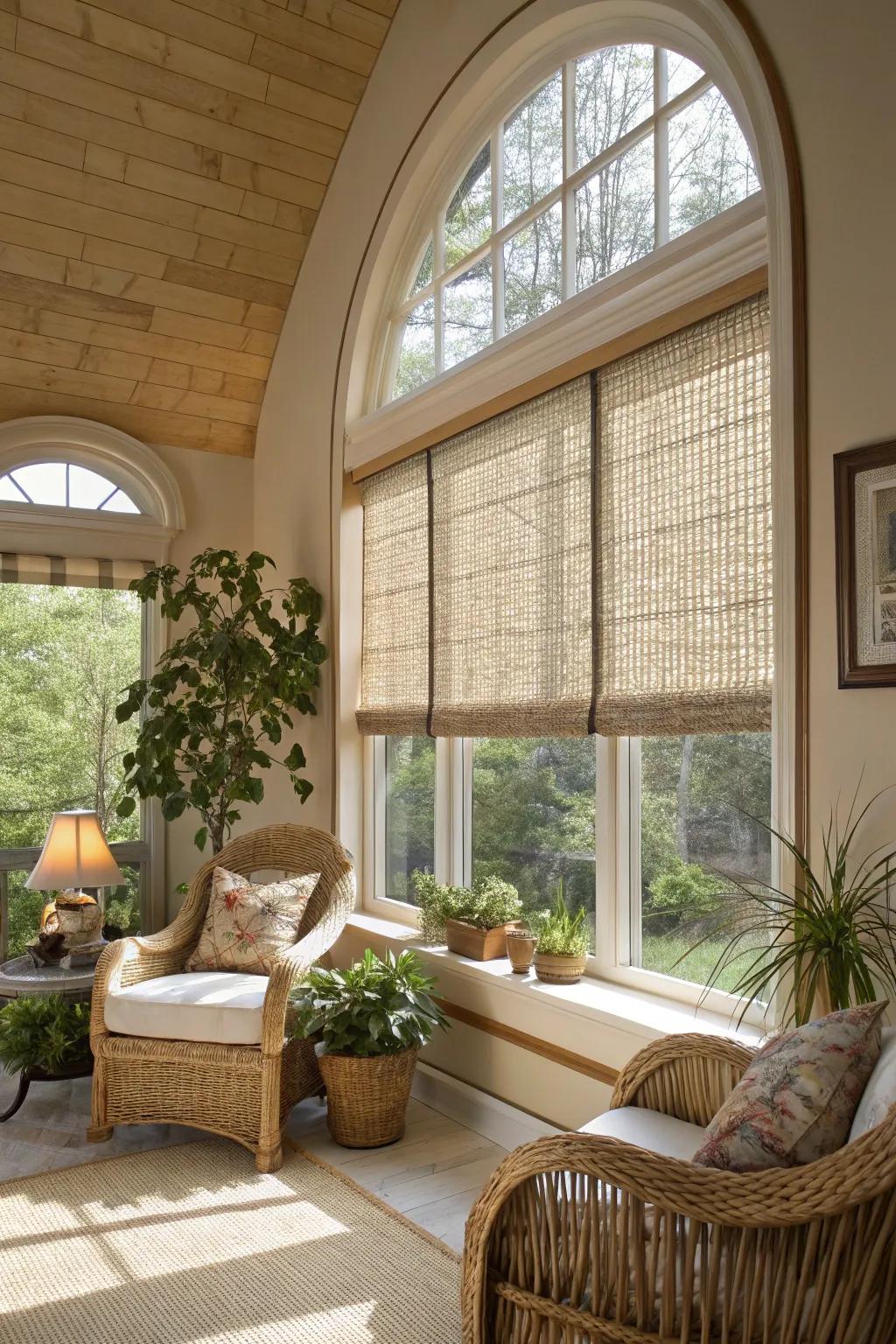 Textured blinds add depth and interest to oval windows.