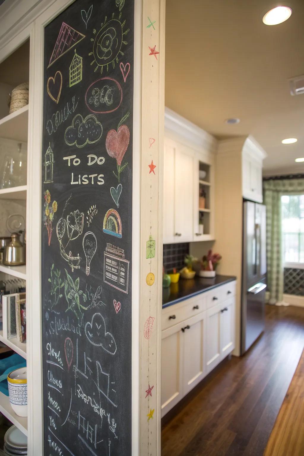 A pantry wall with a chalkboard surface for notes and creativity.