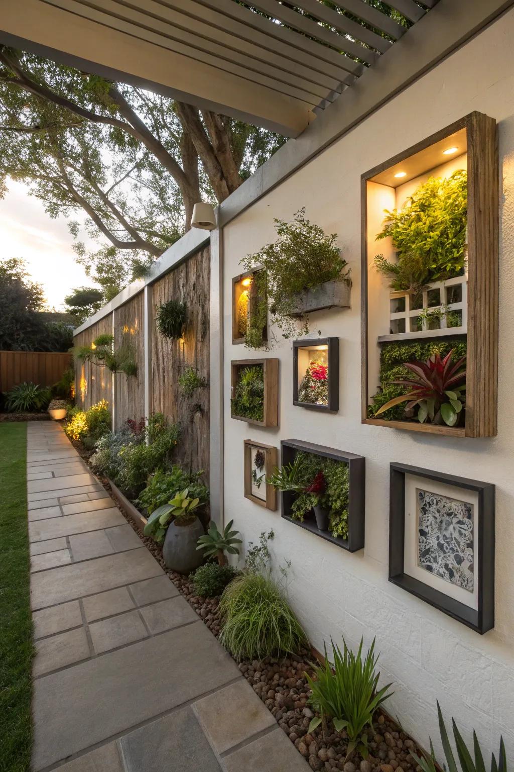 Shadow boxes add depth and personal style to the patio wall.