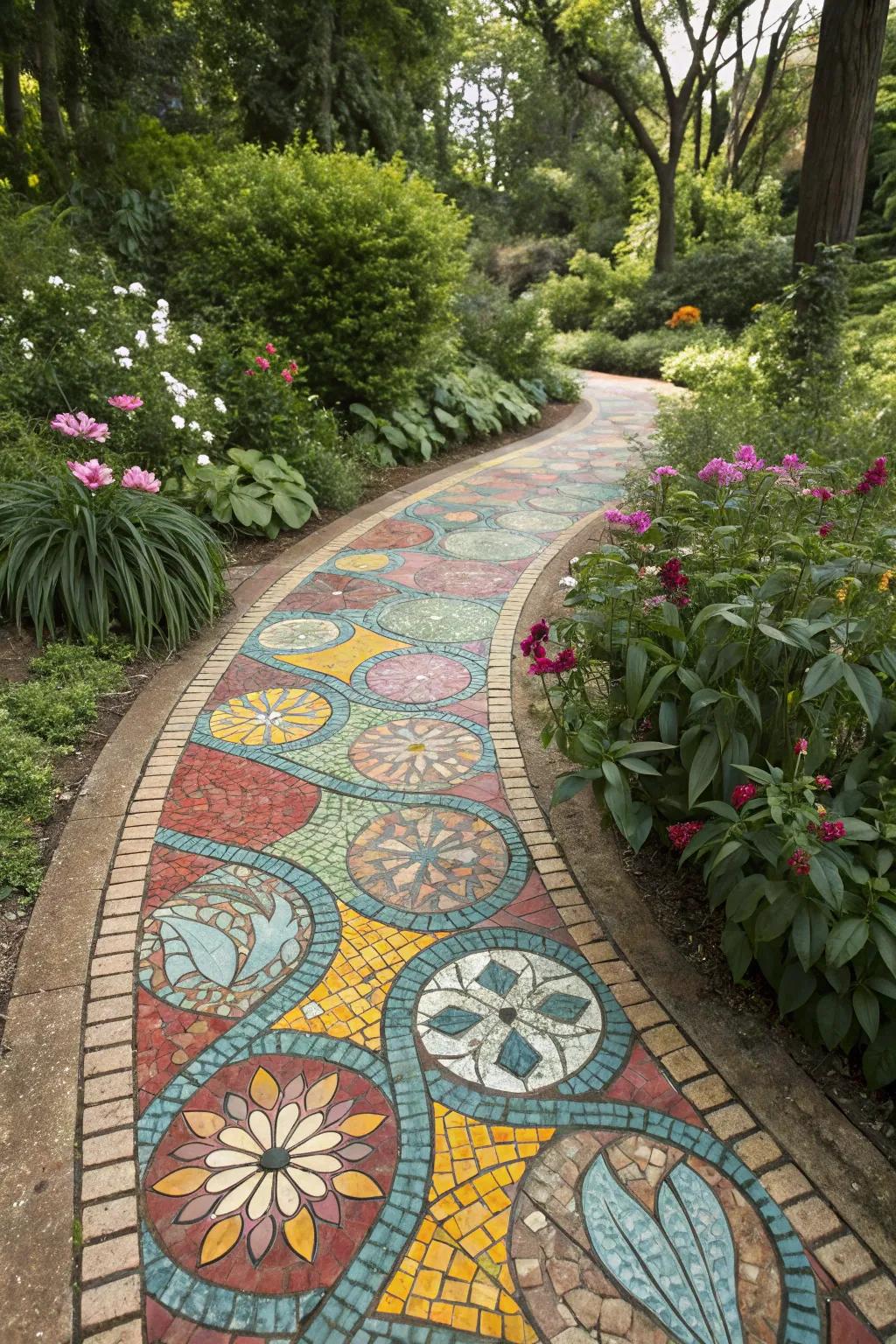 A colorful mosaic walkway adding flair to a vibrant garden.