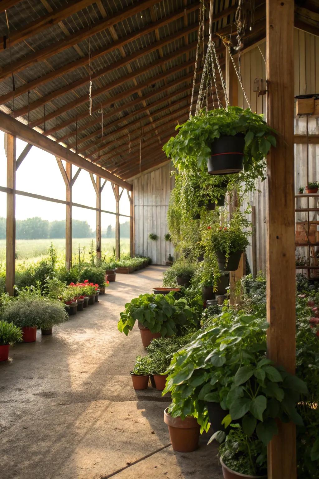 An indoor garden in a pole barn filled with potted plants and hanging greenery.