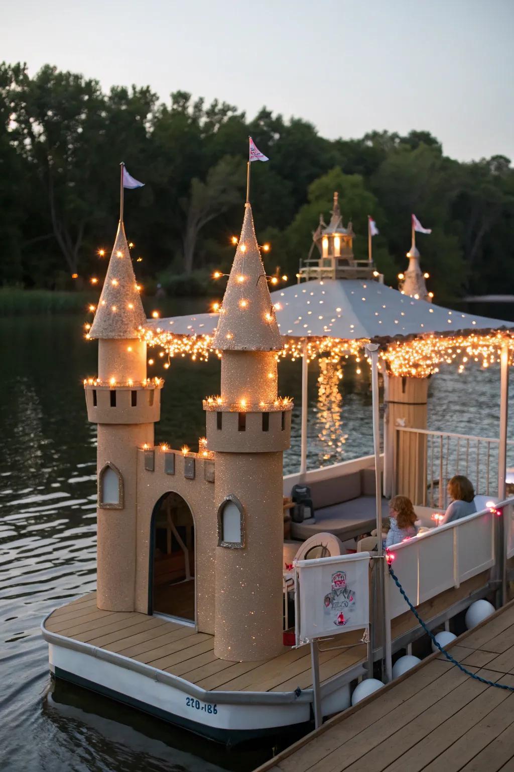 Fairytale castle-themed pontoon boat with enchanting towers.