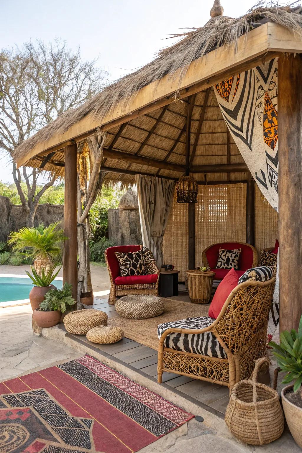 A safari-themed cabana showcasing daring animal-inspired accents.