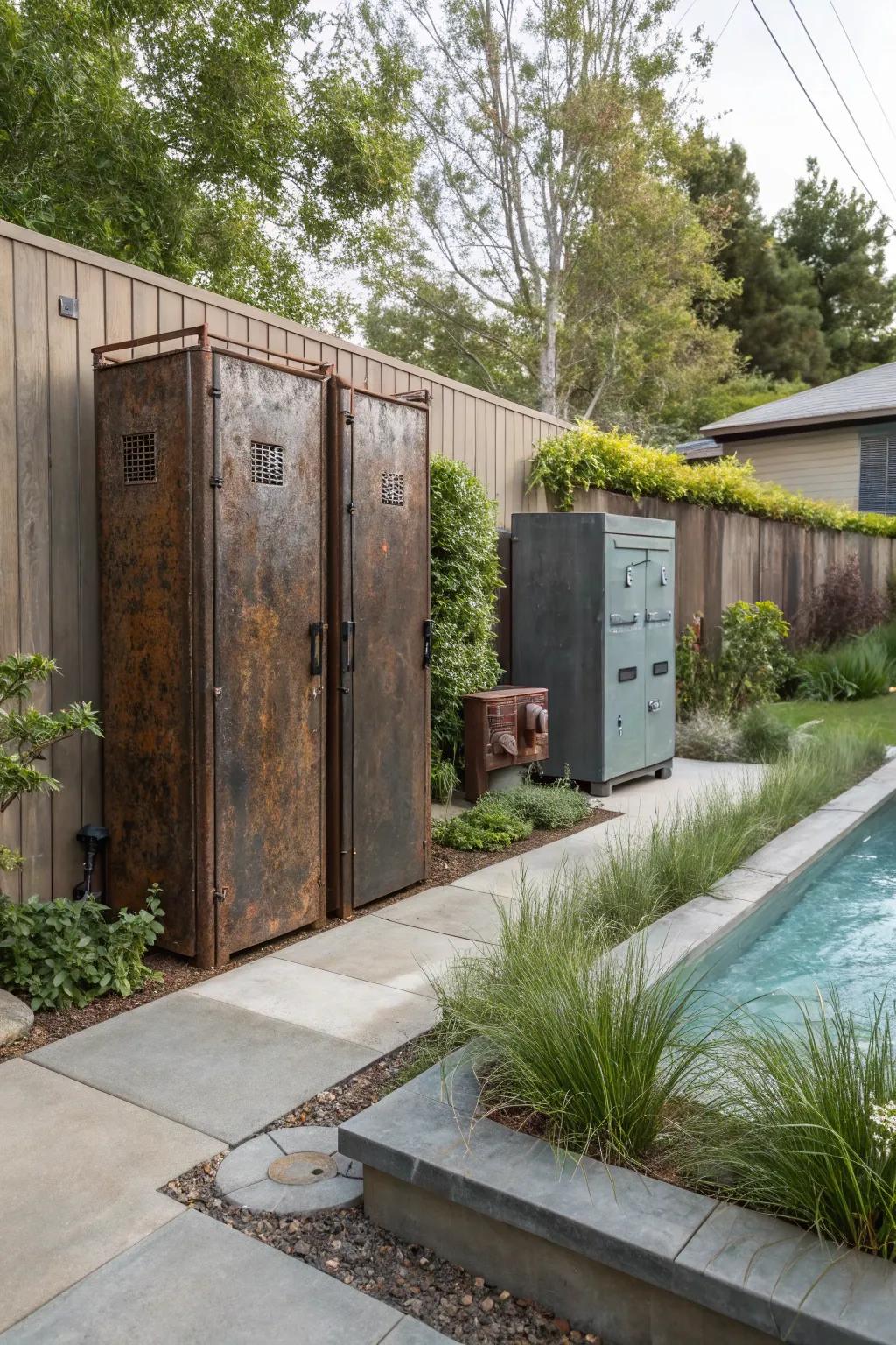 Recycled metal panels adding an industrial charm to the garden.