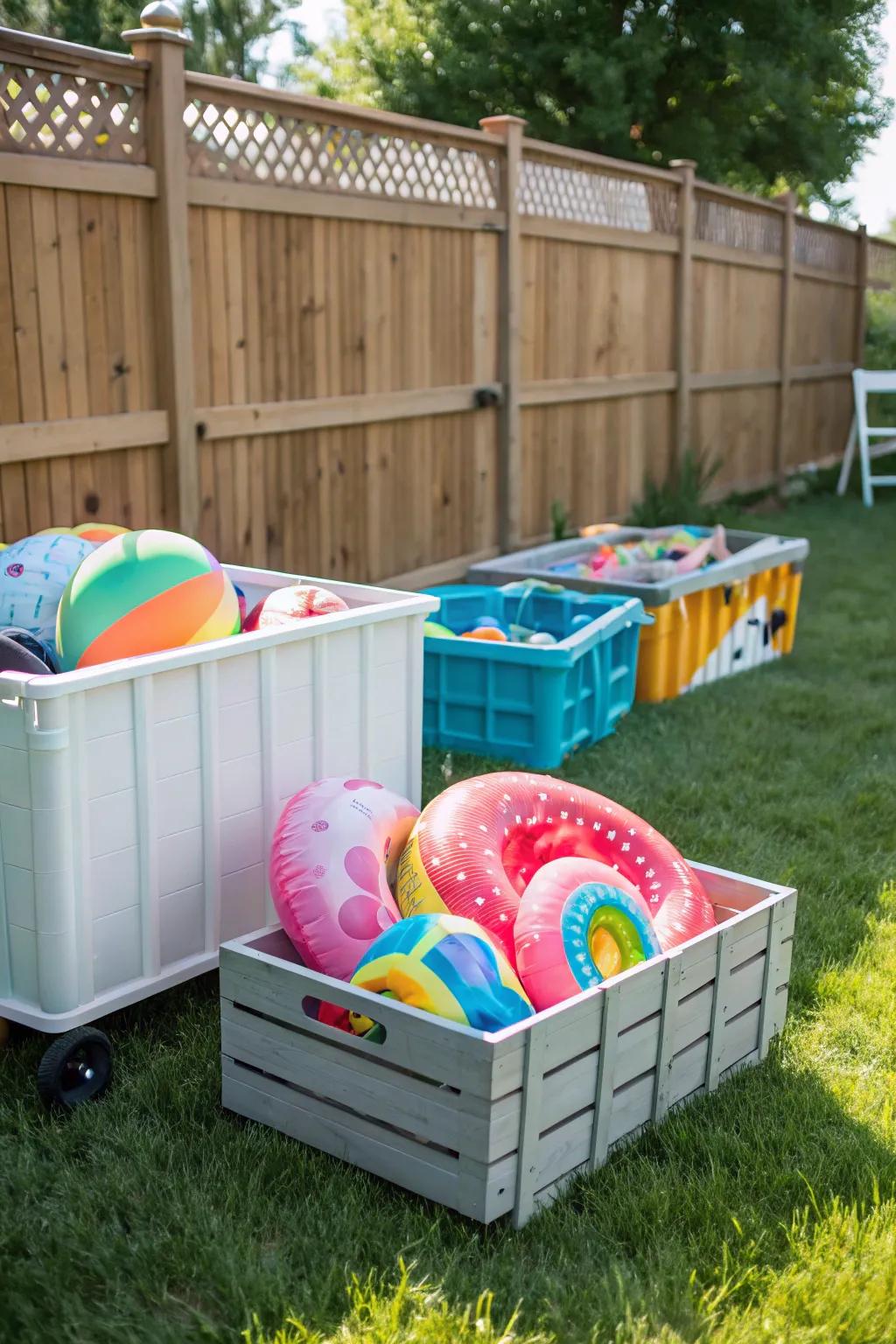 Rolling crates offer flexible and mobile storage for pool floats.