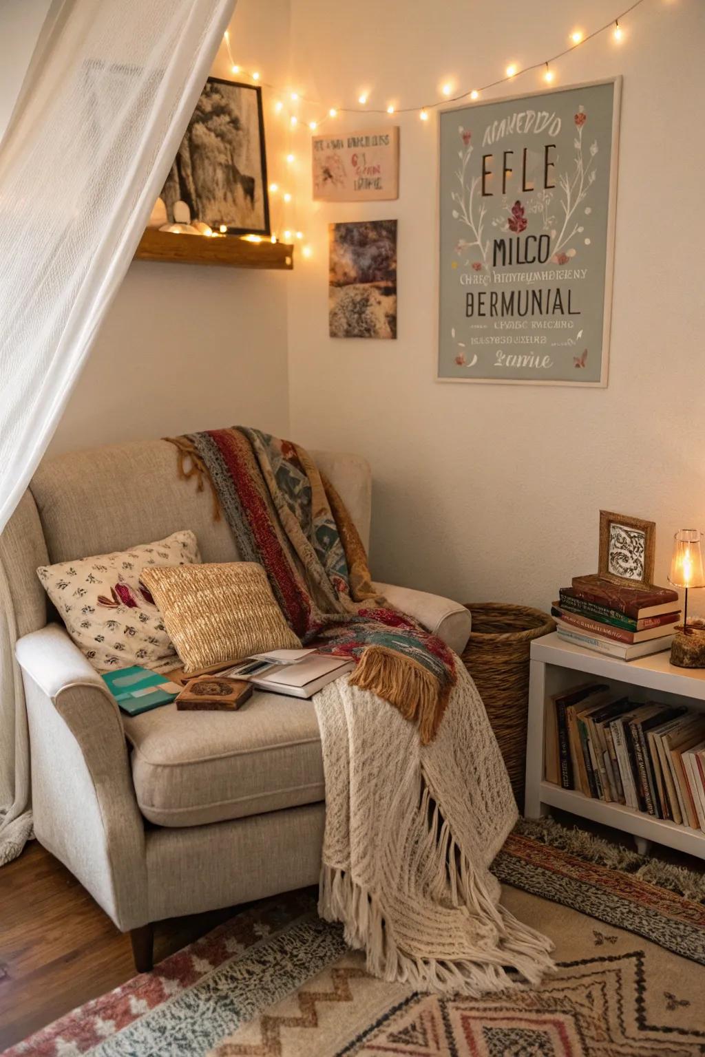 A bohemian name poster enhancing the coziness of a reading nook.