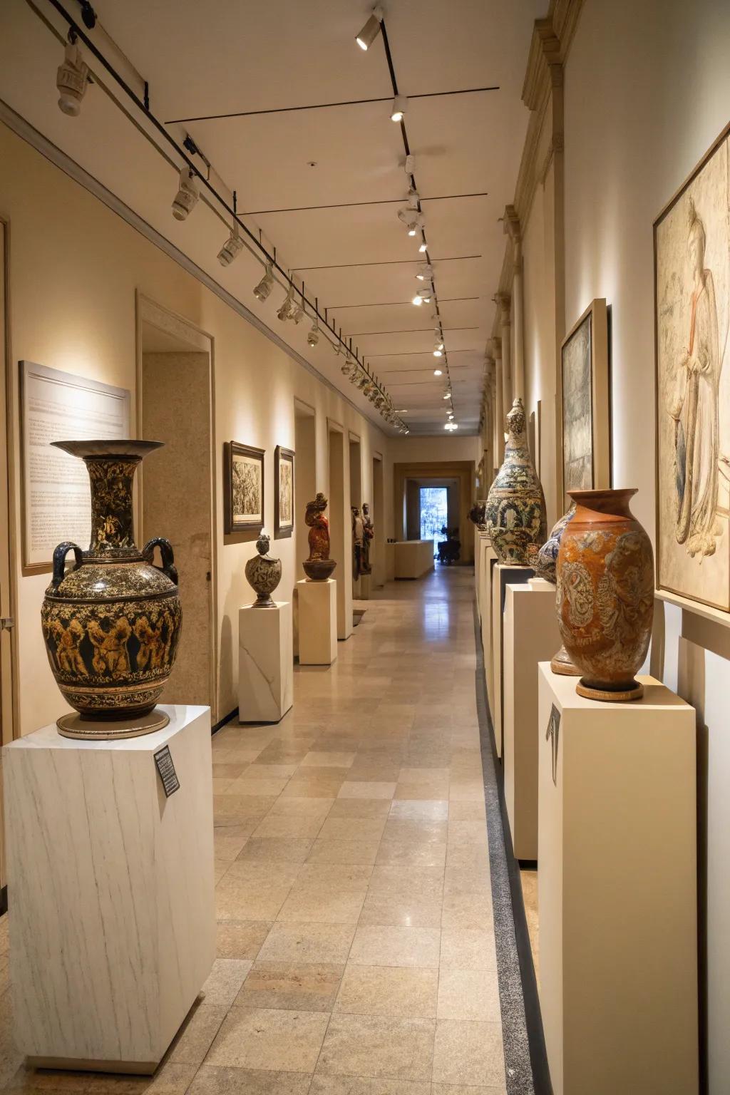 Pottery displayed on pedestals in a hallway to emulate a gallery.