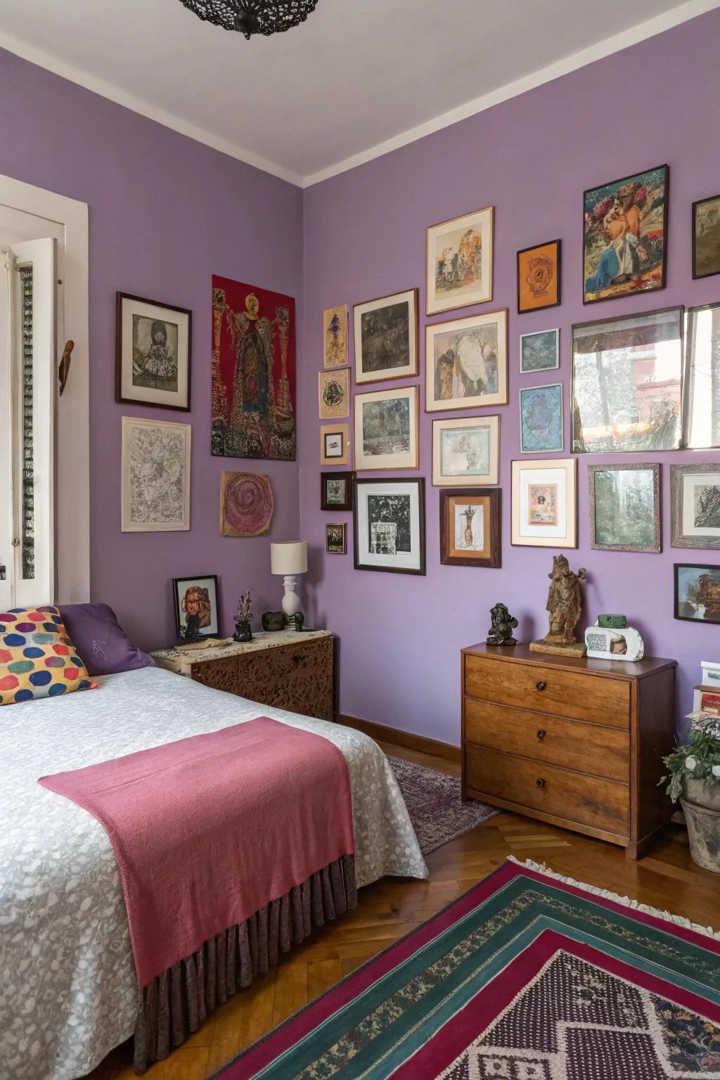 Eclectic art display adding a unique touch to violet walls.