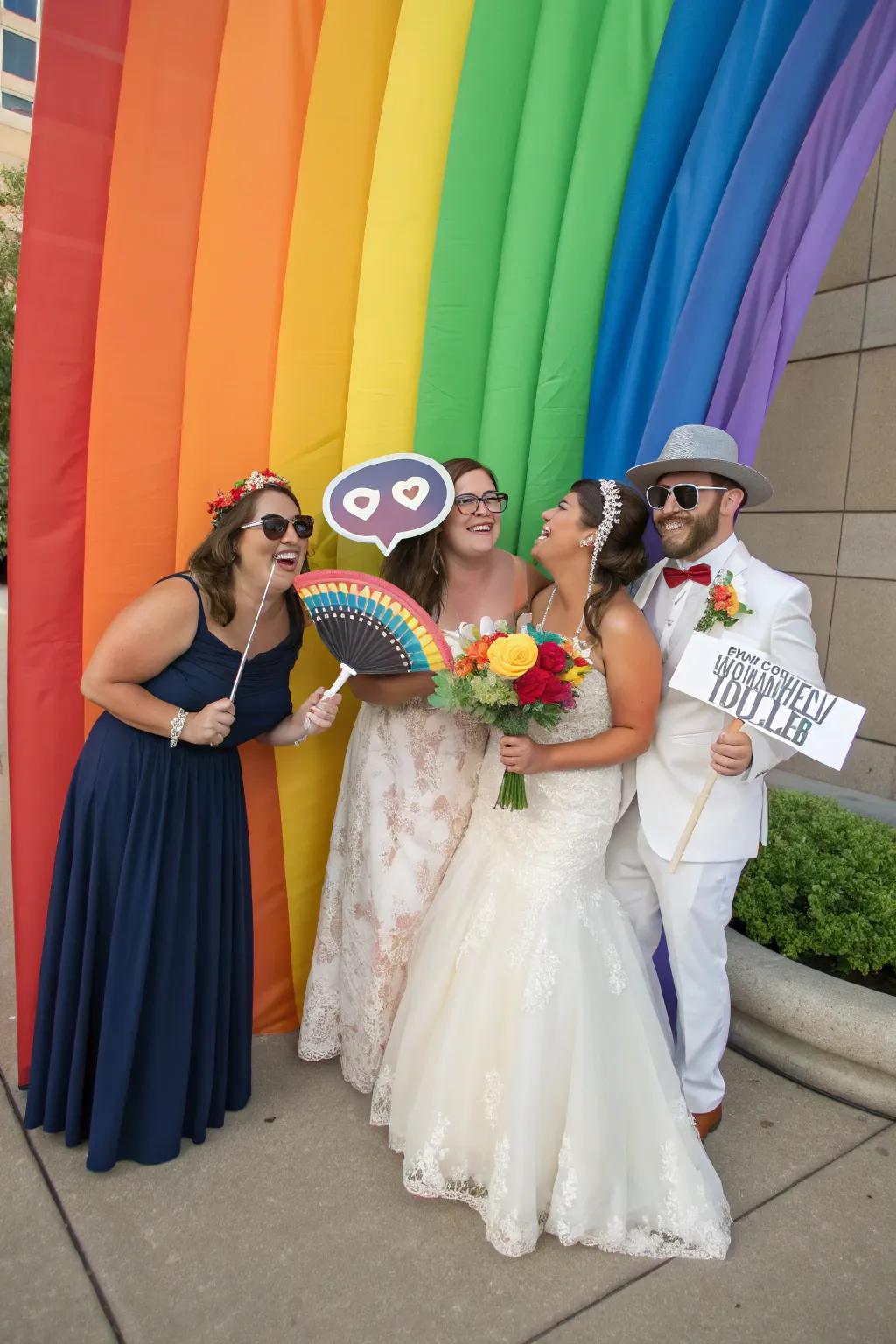 Guests enjoying a photo op with a rainbow-themed backdrop.