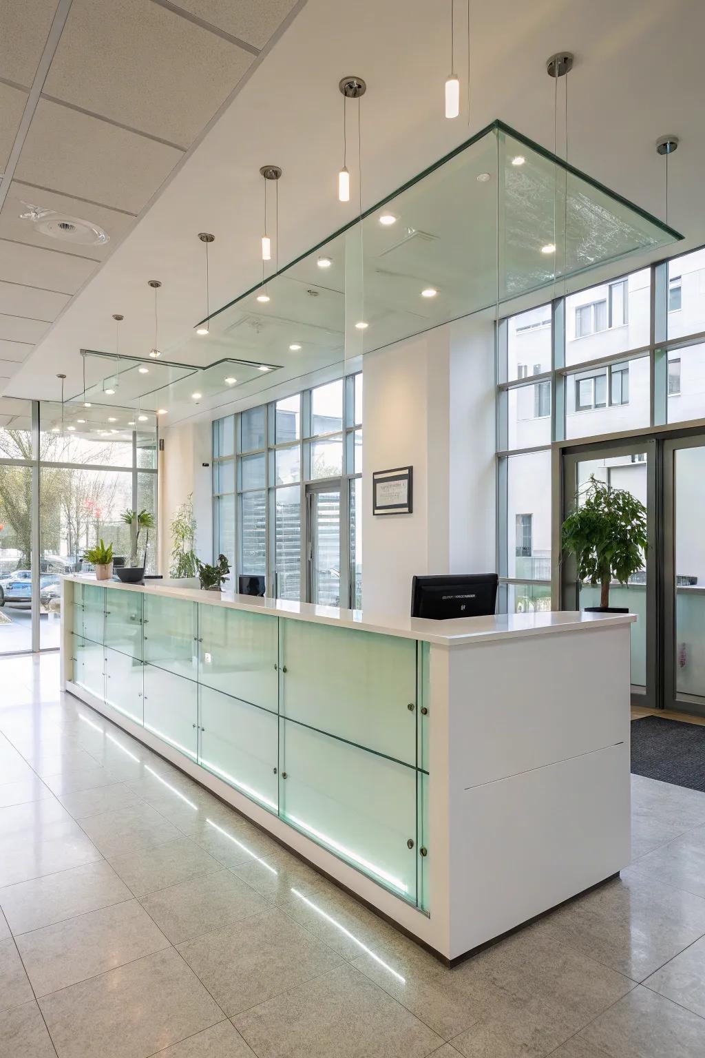 A glass reception desk that enhances openness and light.