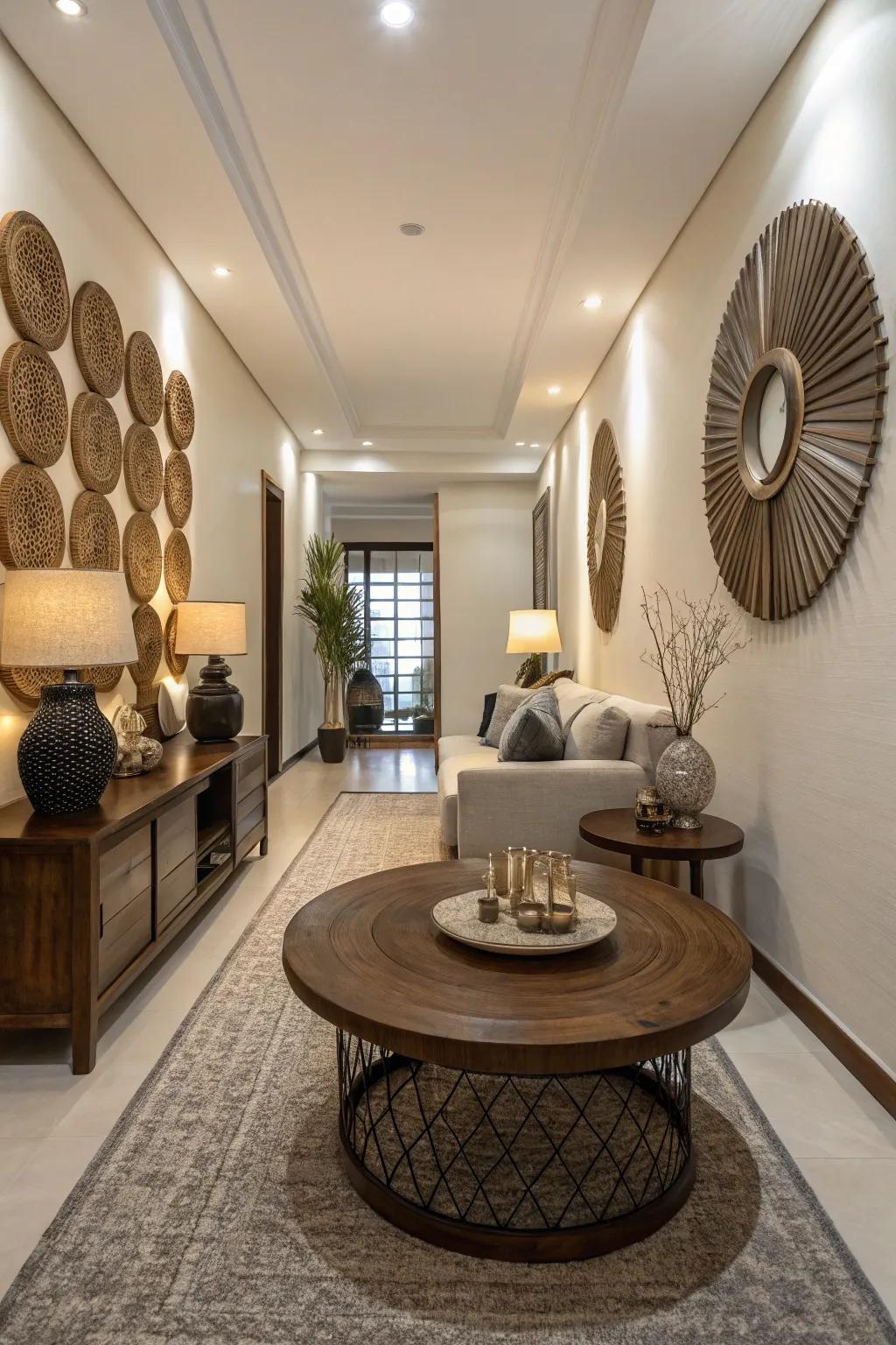 Round things soften the edges of a room that's like a rectangle.