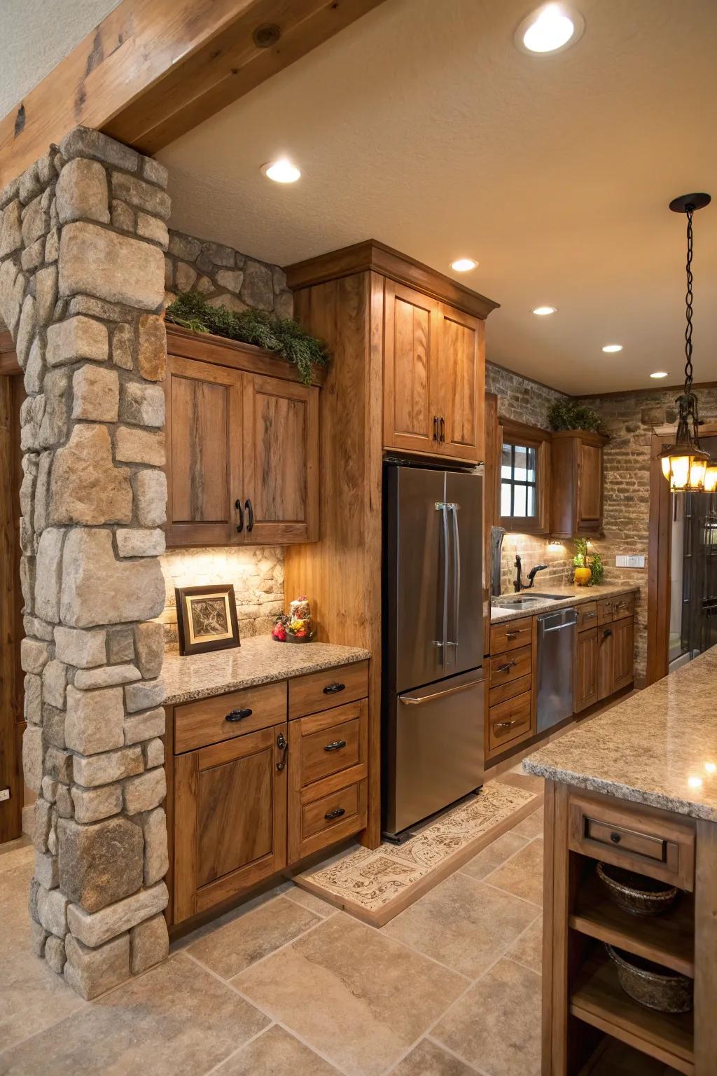 Natural materials around the refrigerator add warmth and texture to the kitchen.