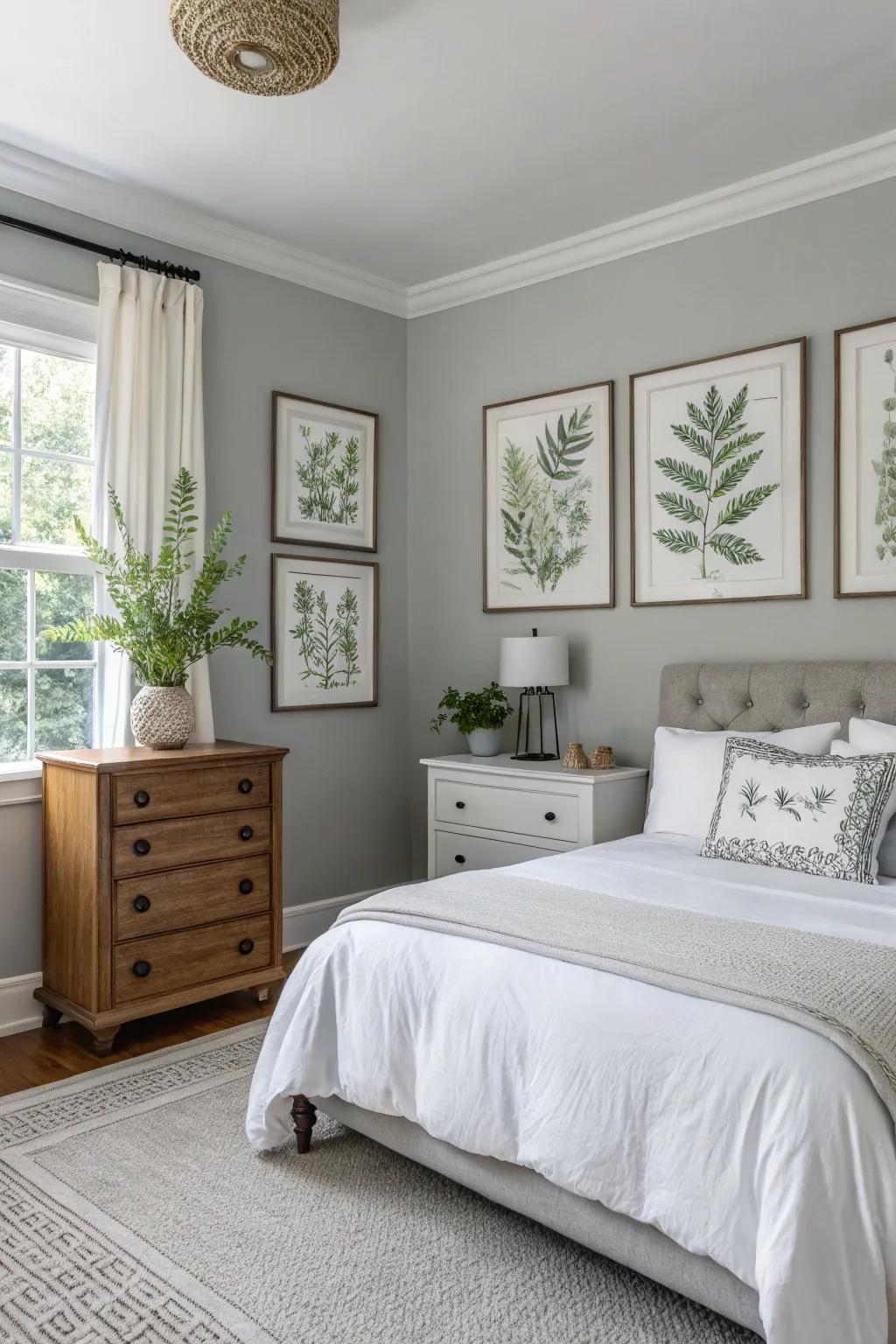 Botanical prints add a fresh, natural vibe to a Revere Pewter bedroom.