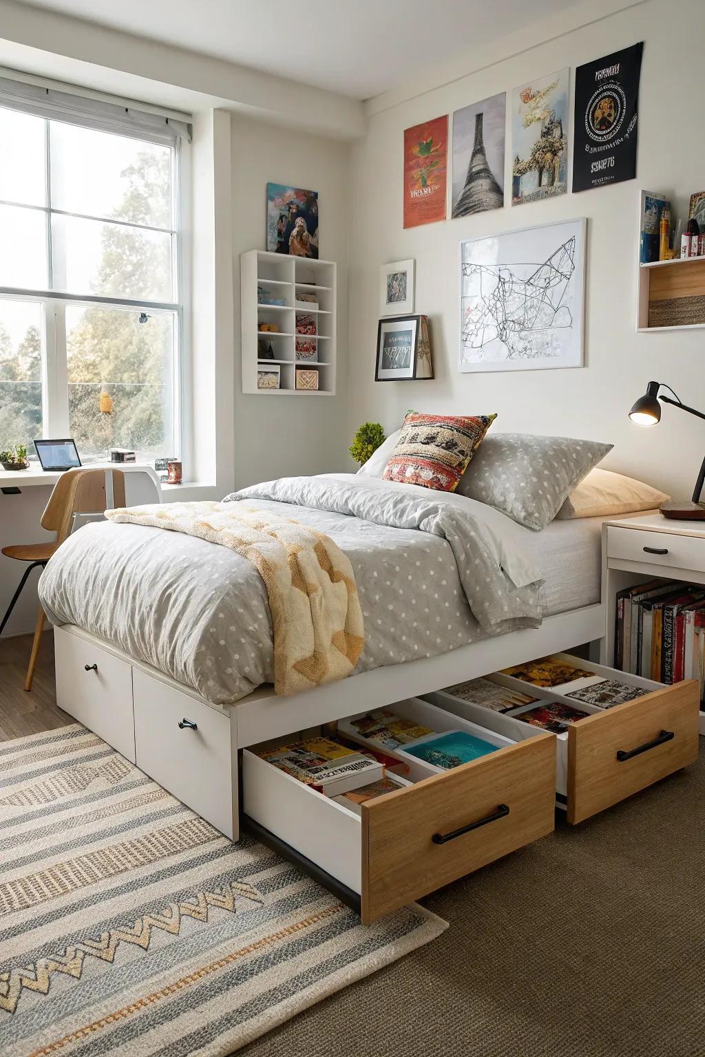Ingenious storage options maintain the room structured and uncluttered.