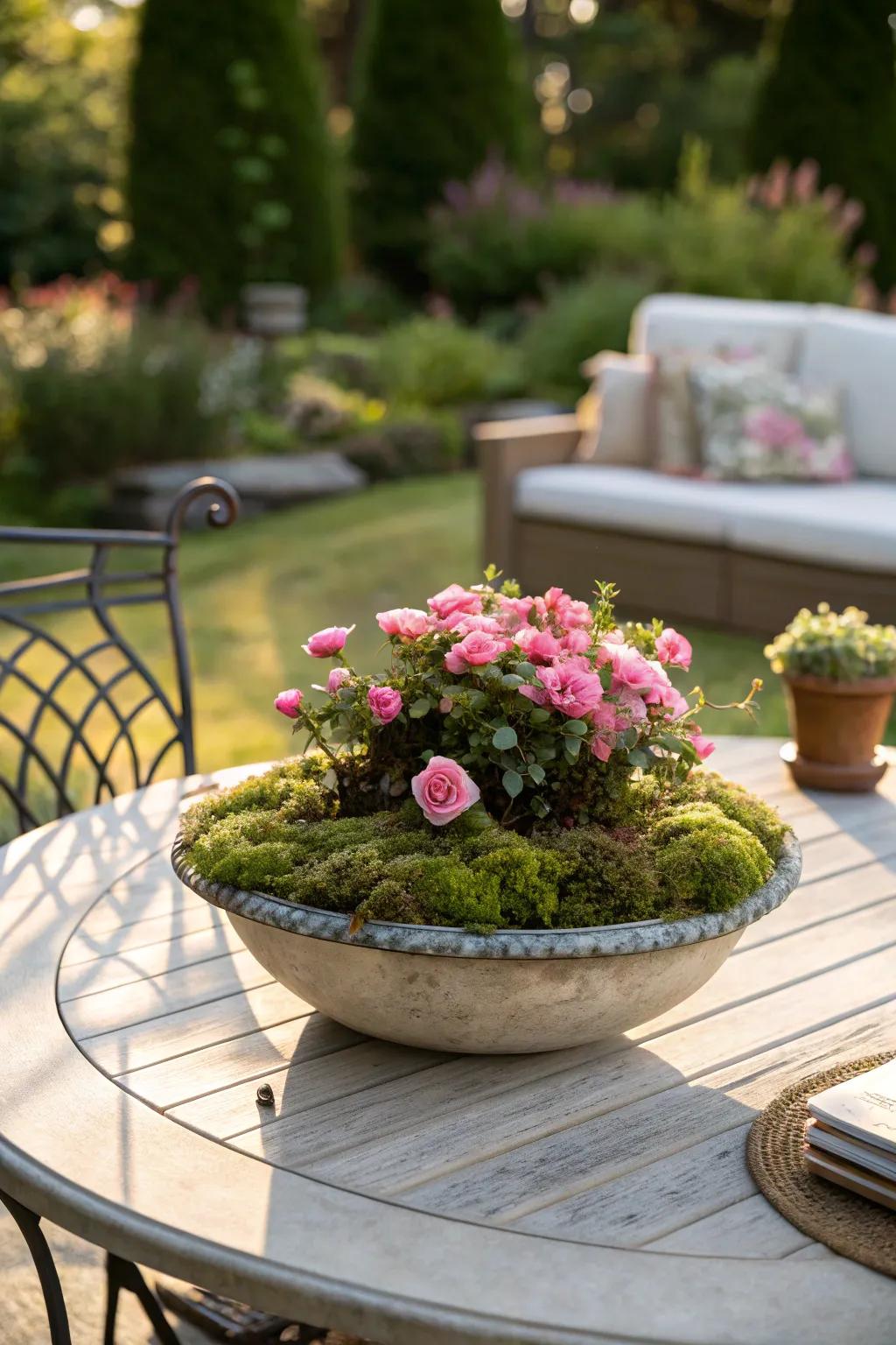 Bring color to your outdoor dining with a rose moss centerpiece.