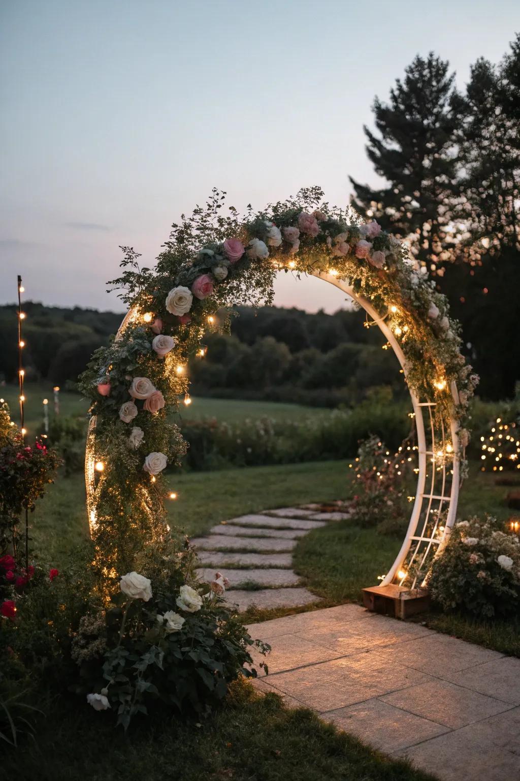 A fairy tale round wedding arch with enchanting lights.