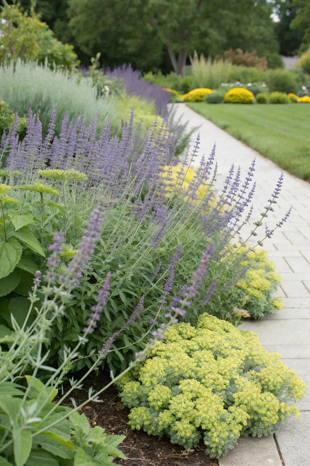 An unexpected garden pairing: Silver Queen and creeping stonecrop.