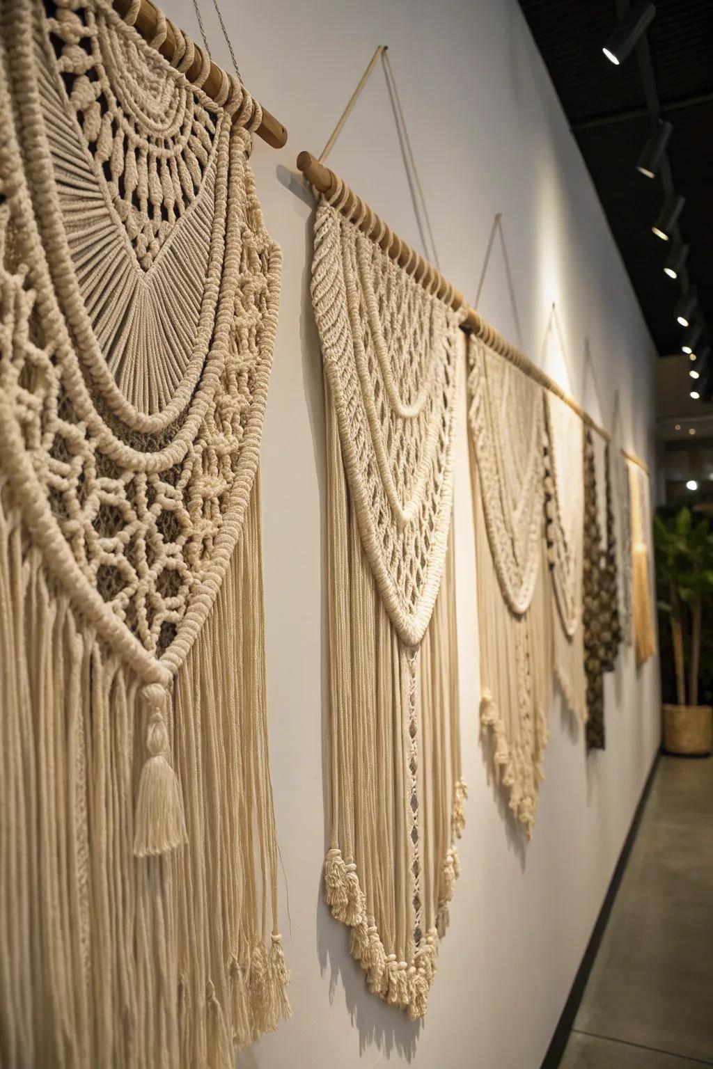 Macramé wall art adds bohemian flair and texture.