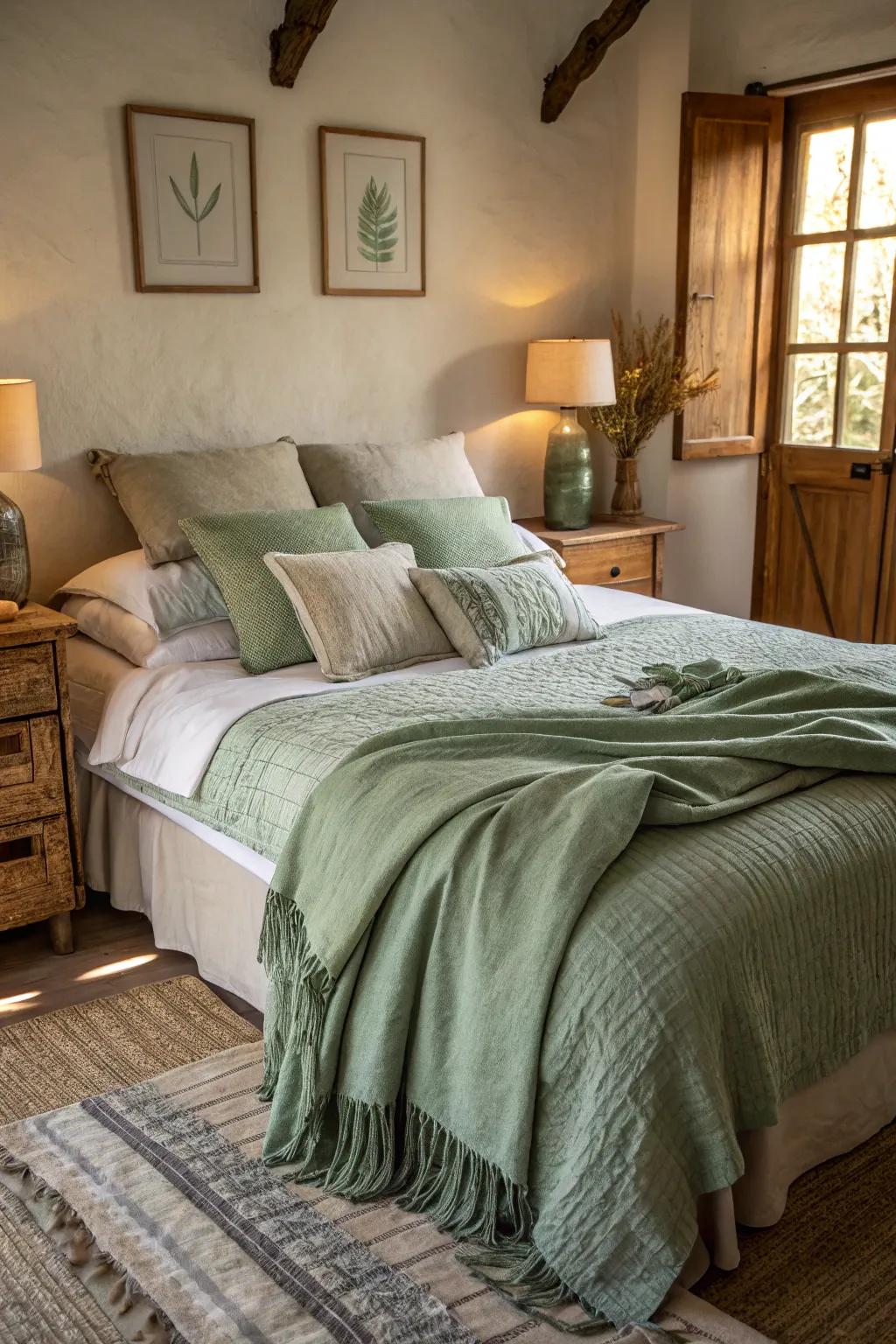 A bedroom featuring layered sage green textures for added warmth.